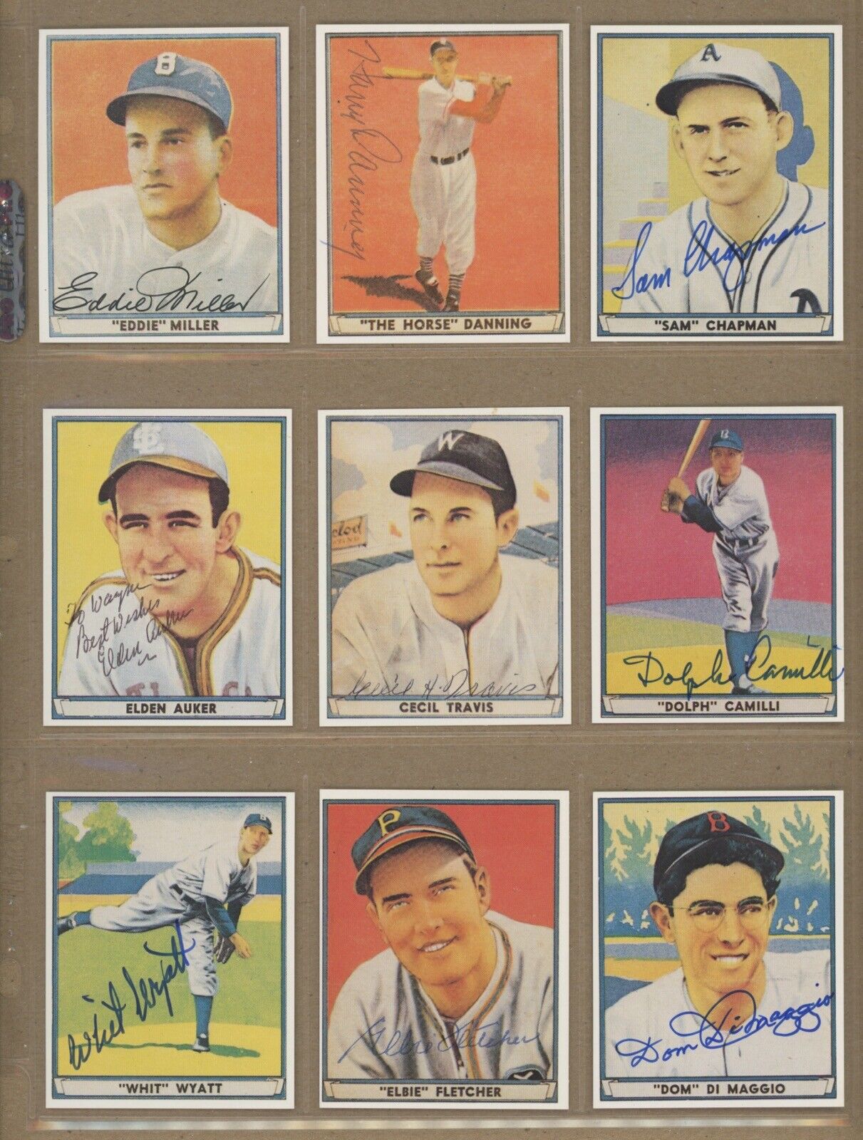 9 Signed Play Ball Reprint Cards D. DiMaggio, Wyatt, Travis, etc. Auto B&E Holos