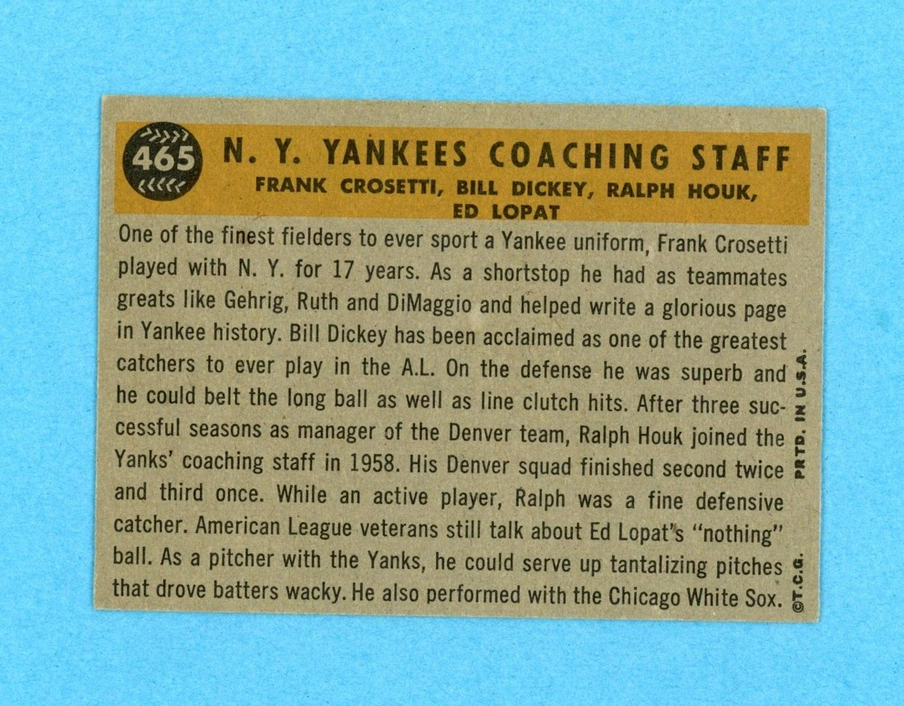 1960 Topps #465 New York Yankees Coaches Baseball Card EX+ ap w/c tlc