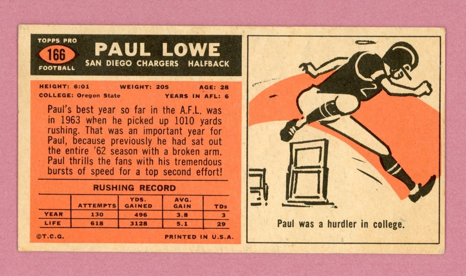 1965 Topps #166 Paul Lowe San Diego Chargers Short Print Football Card V/E s/w