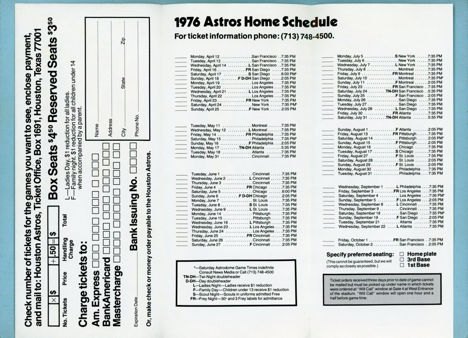 1976 Houston Astros Home Schedule & Ticket Request Pamphlet