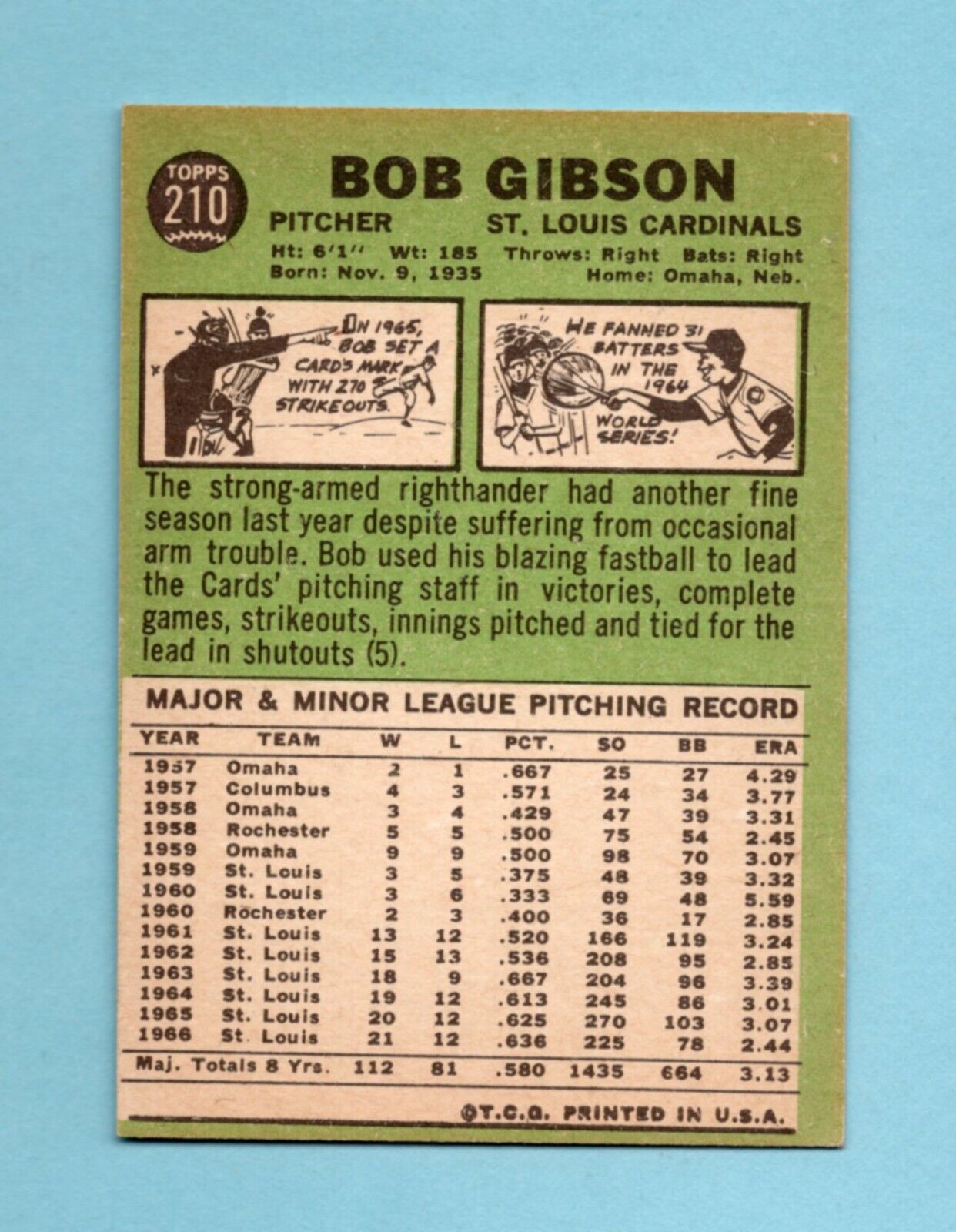 1967 Topps #210 Bob Gibson St. Louis Cardinals Baseball Card Ex/Mt