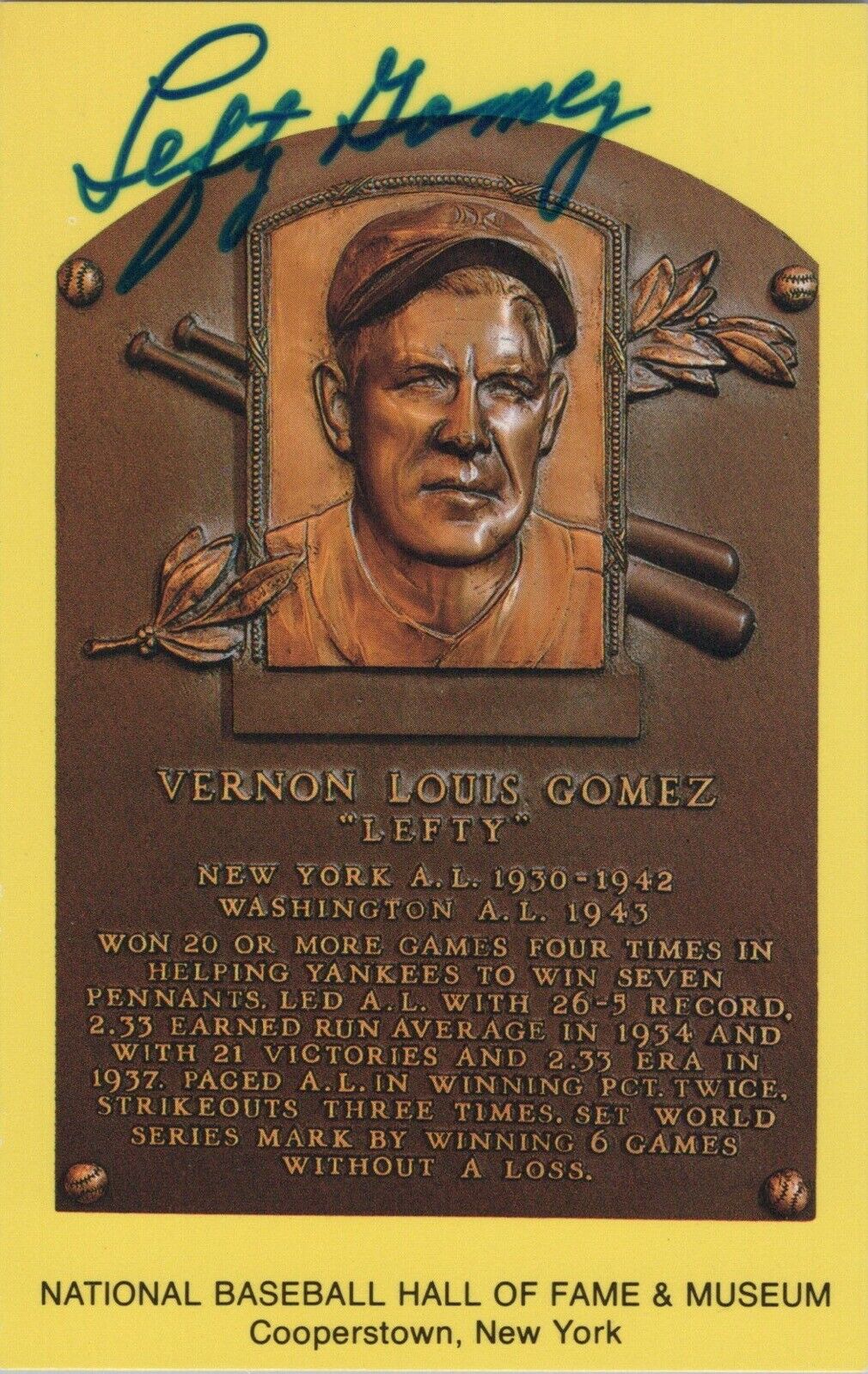 Lefty Gomez Signed Yellow HOF Plaque with B&E Hologram