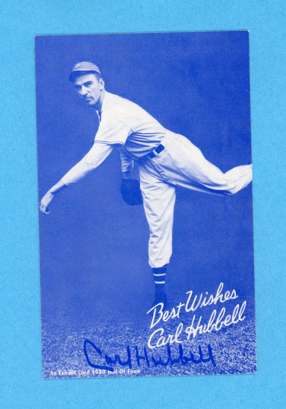 Carl Hubbell NY Giants HOFer Signed 1980 3.5 x 5" Exhibit Card w/ B&E Hologram