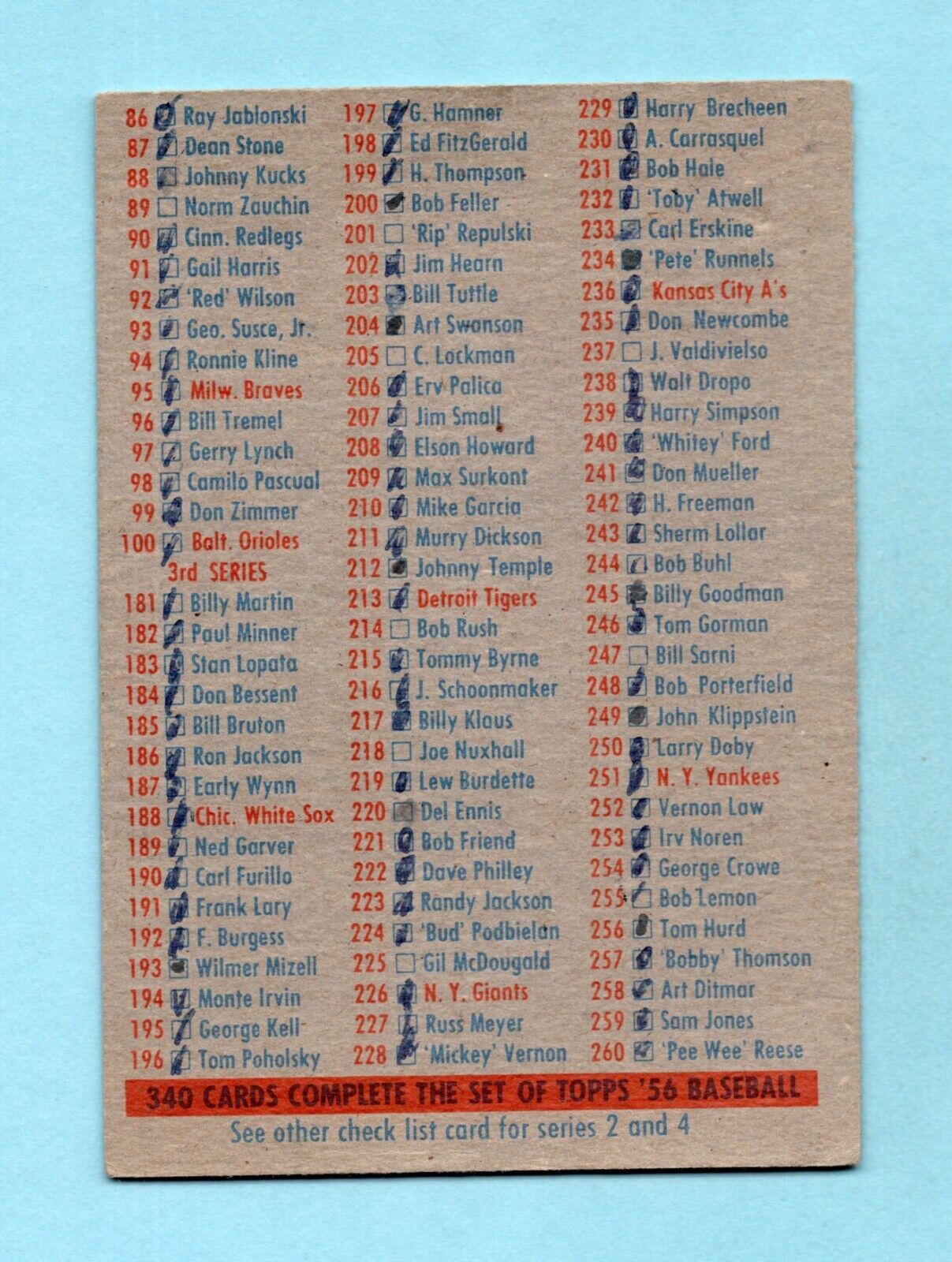 1956 Topps 1st/3rd Checklist Baseball Card EX checked