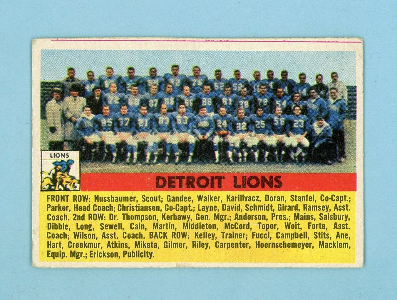 1956 Topps #92 Detroit Lions Team Football Card Vg/Ex app prt ln wrk/cres tr