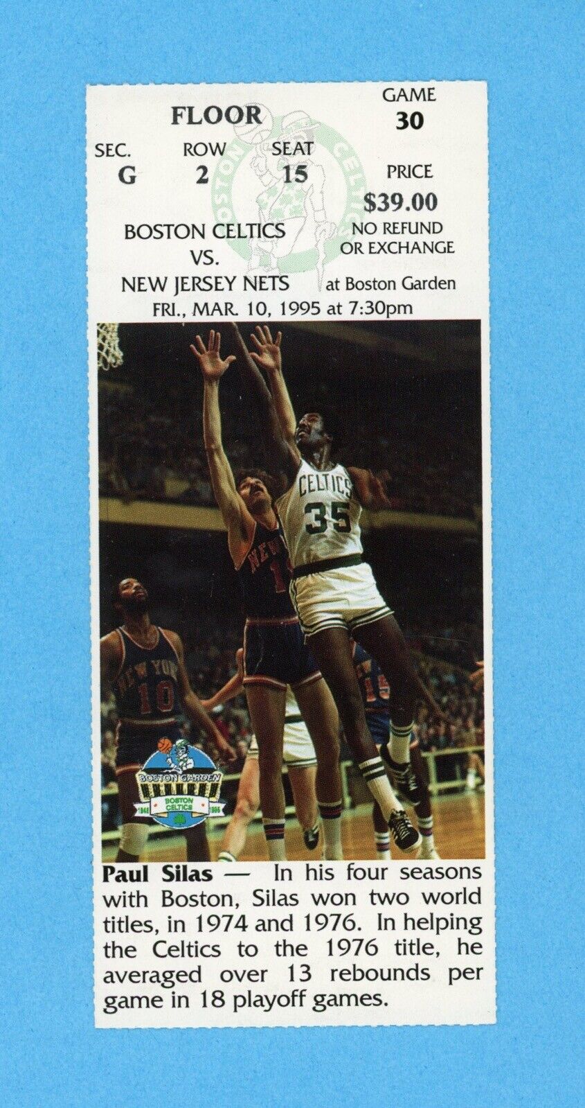 Boston Celtics Ticket Stub • March 10, 1995 vs New Jersey Nets