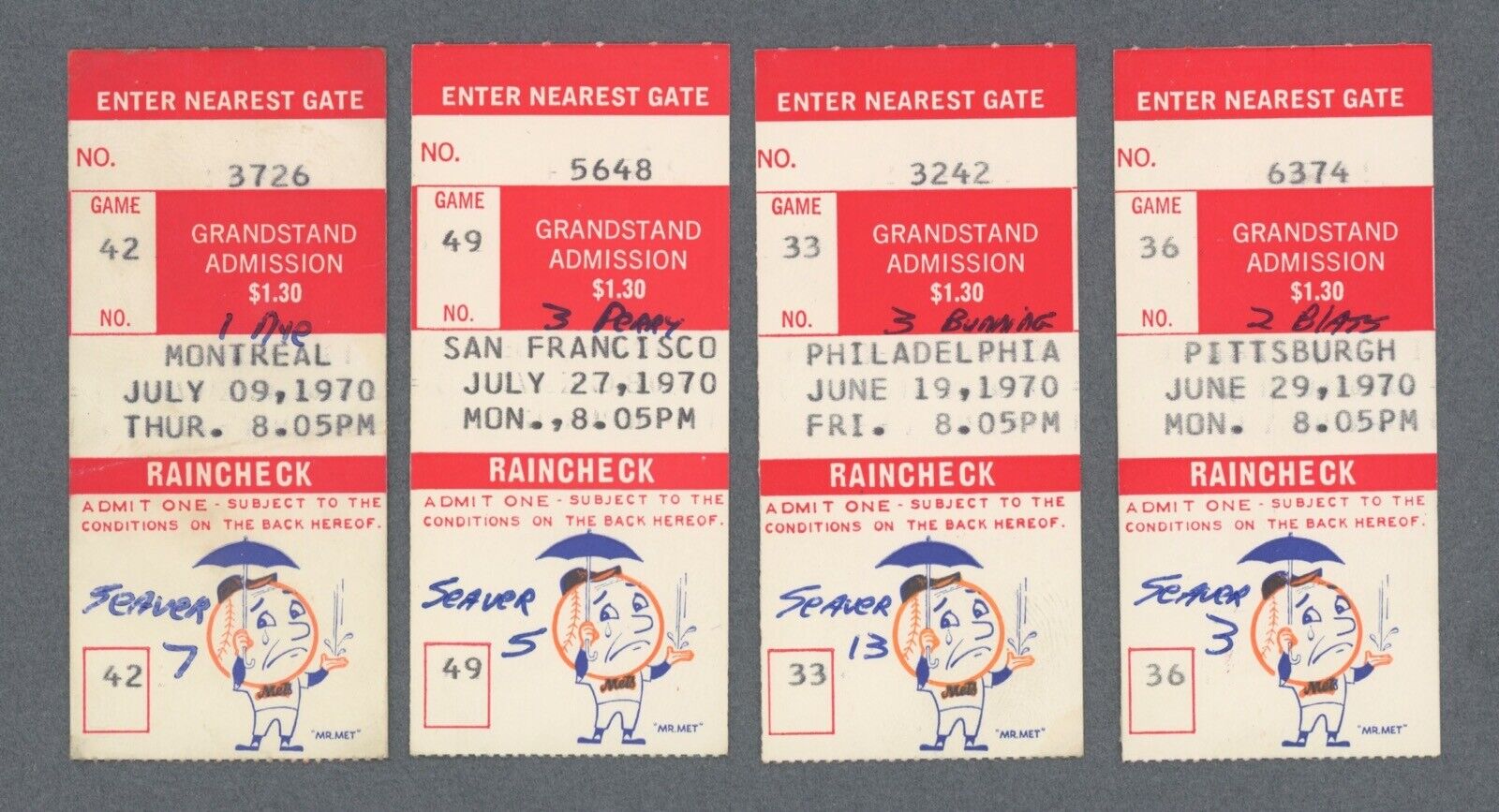 Lot of 4 Different 1970s Tom Seaver New York Mets Wins • Ticket Stub