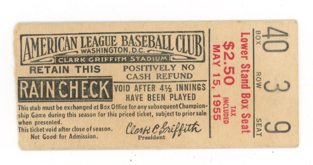 May 15, 1955 Chicago White Sox vs Washington Senators Ticket Stub