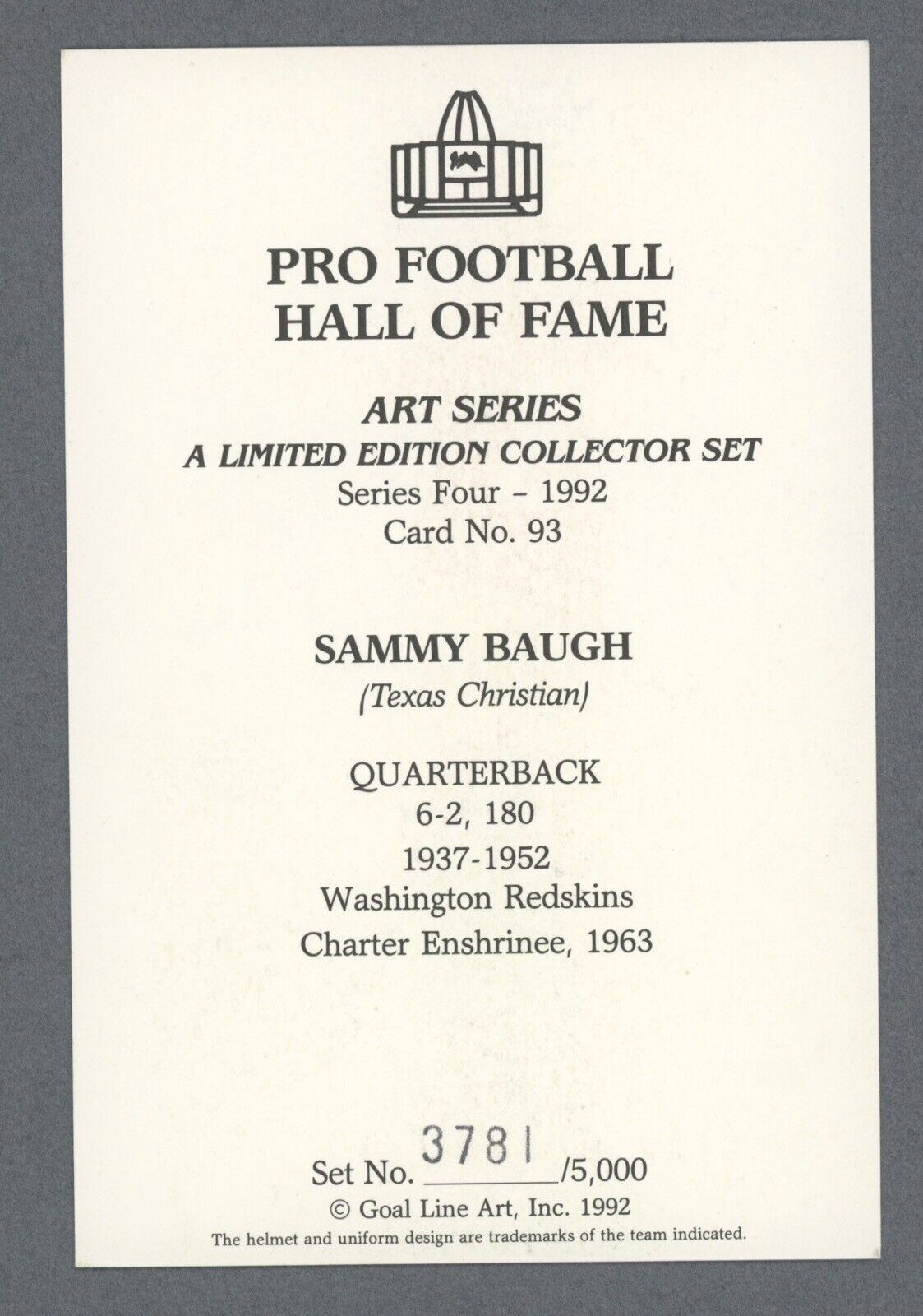 Sammy Baugh Signed NFL HOF Goal Line Art Postcard w B&E Hologram