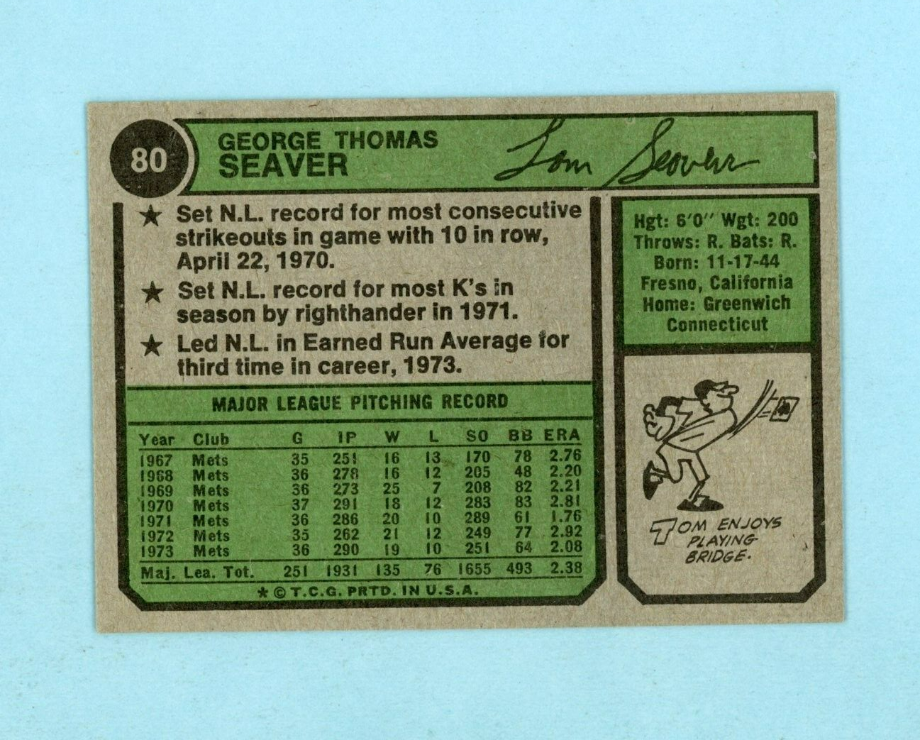 1974 Topps #80 Tom Seaver New York Mets Baseball Card Ex/Mt