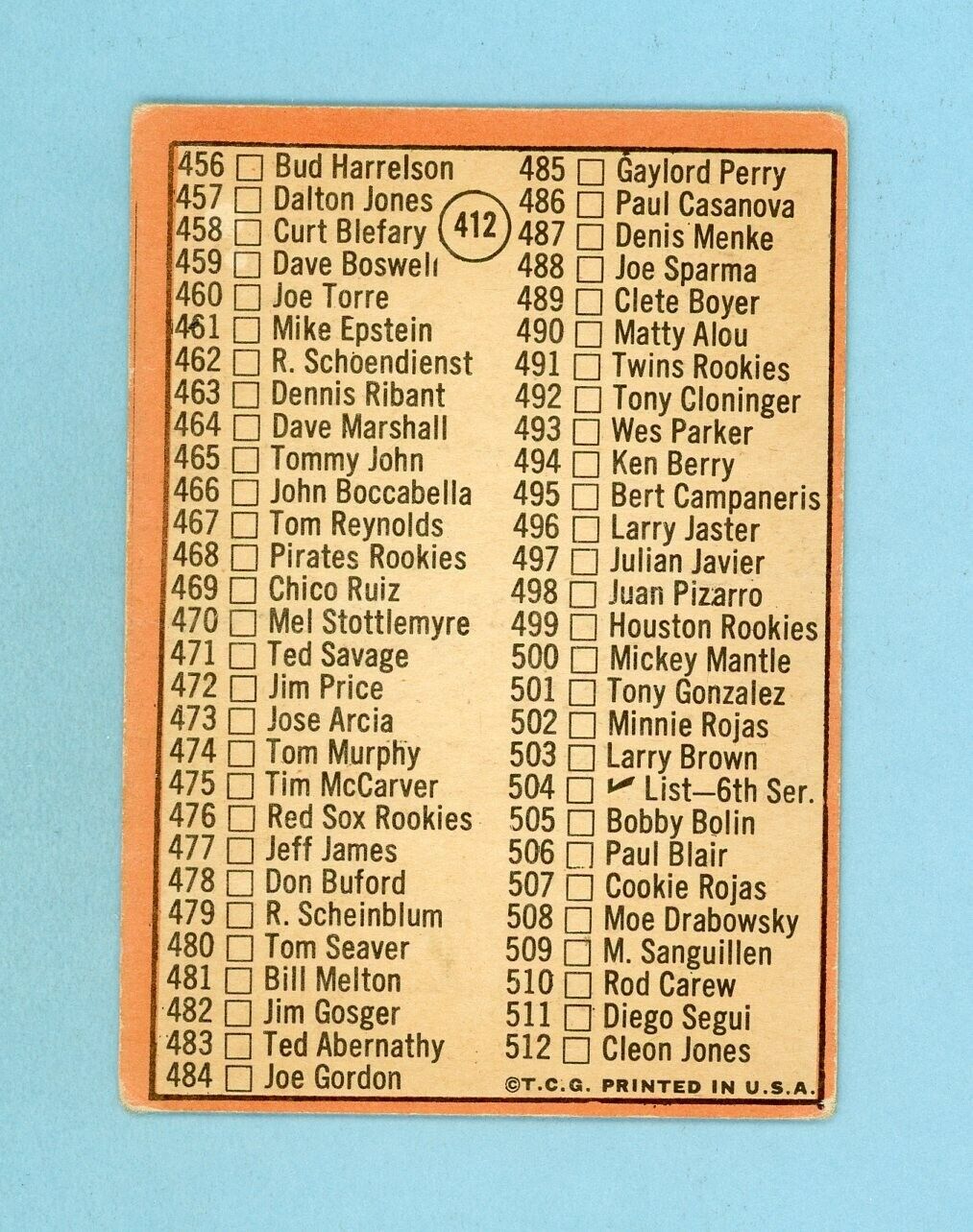 1969 Topps #412 5th Series Checklist Mickey Mantle Baseball Card Low Grade Unch