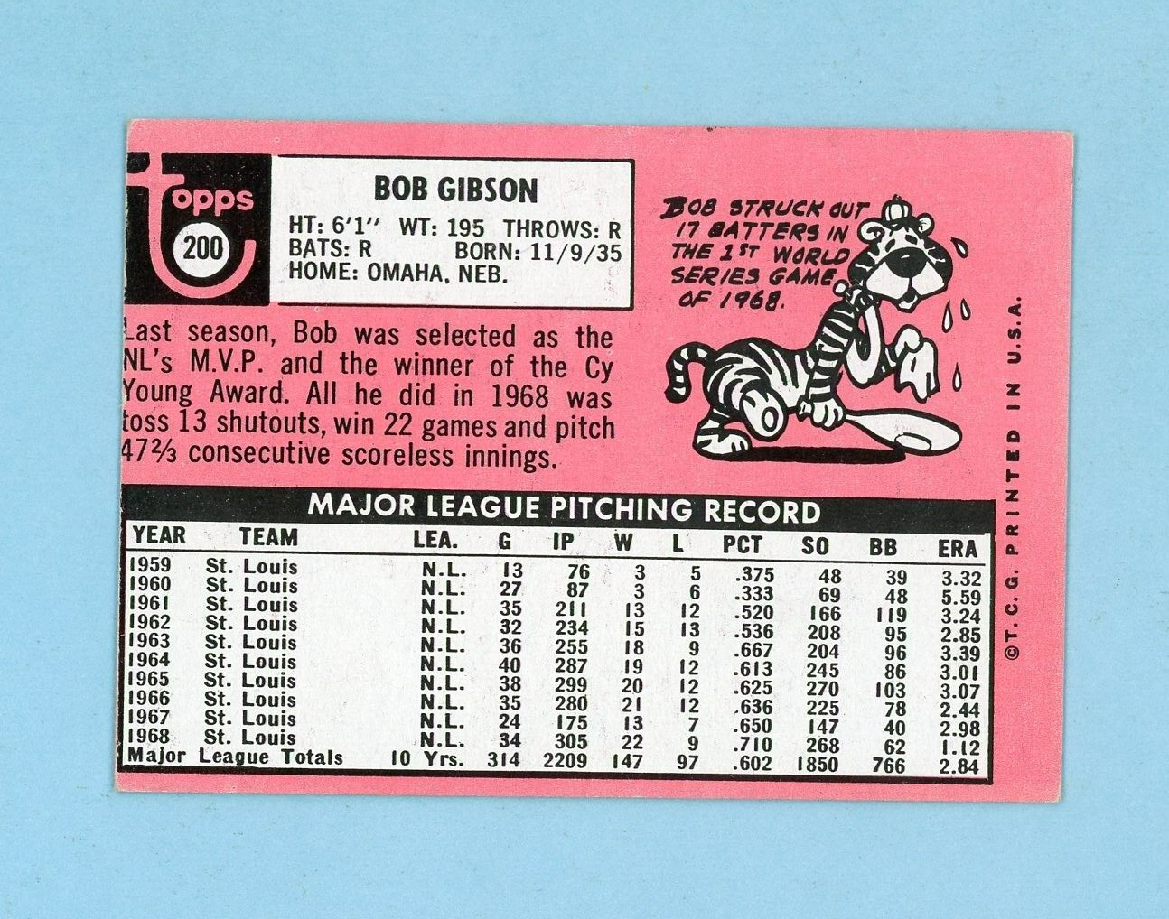 1969 Topps #200 Bob Gibson St. Louis Cardinals Baseball Card Ex/Mt o/c