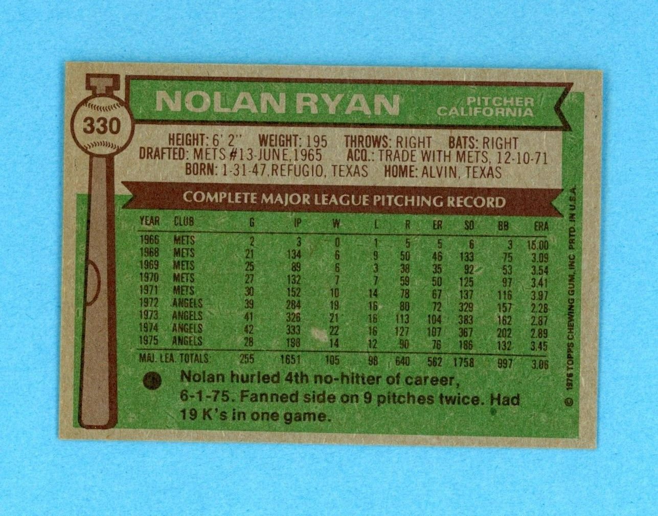 1976 Topps #330 Nolan Ryan California Angels Baseball Card E++ - E/M ap scr scf