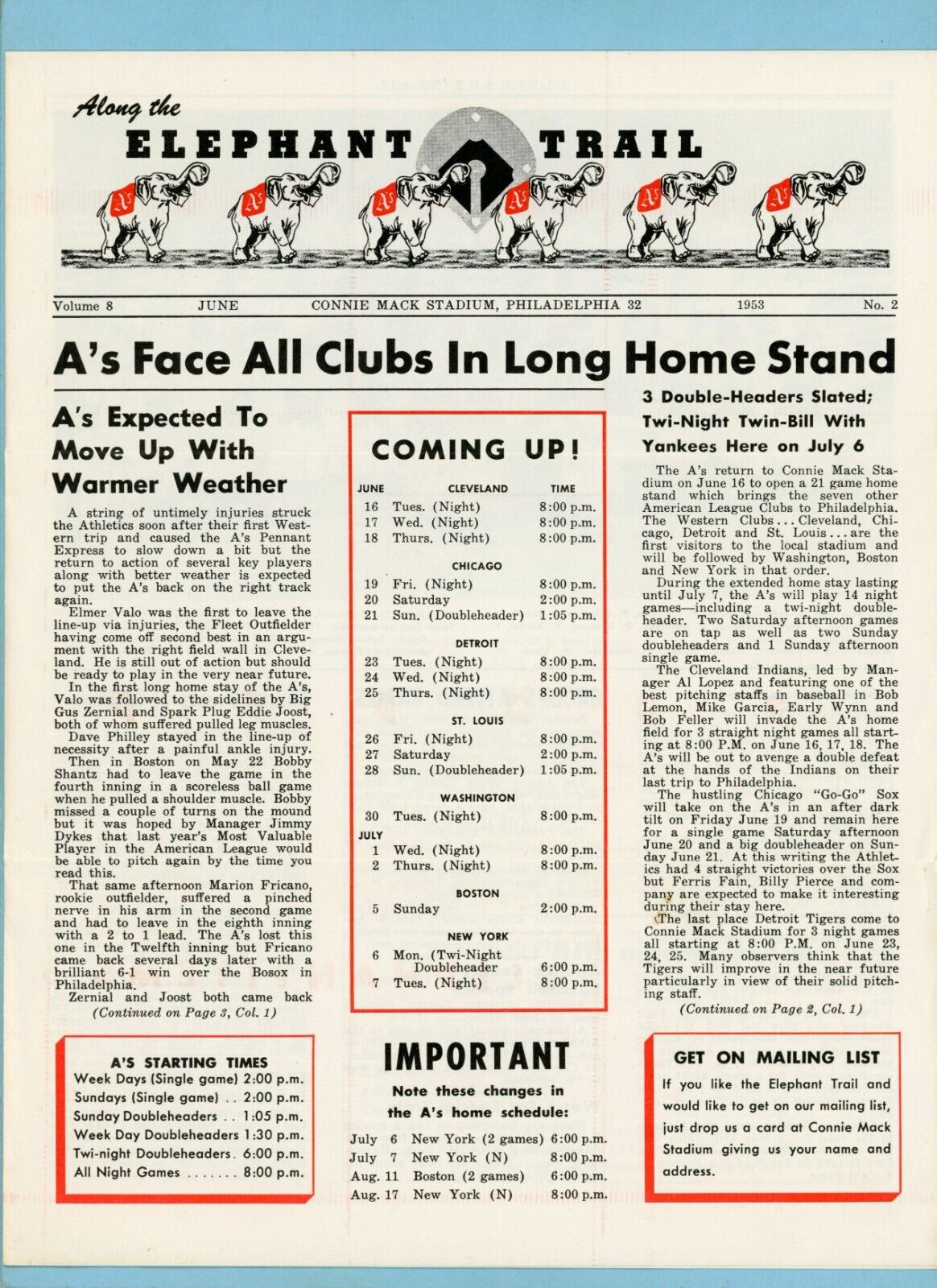 Along The Elephant Trail June 1953 Philadelphia Athletics Newsletter