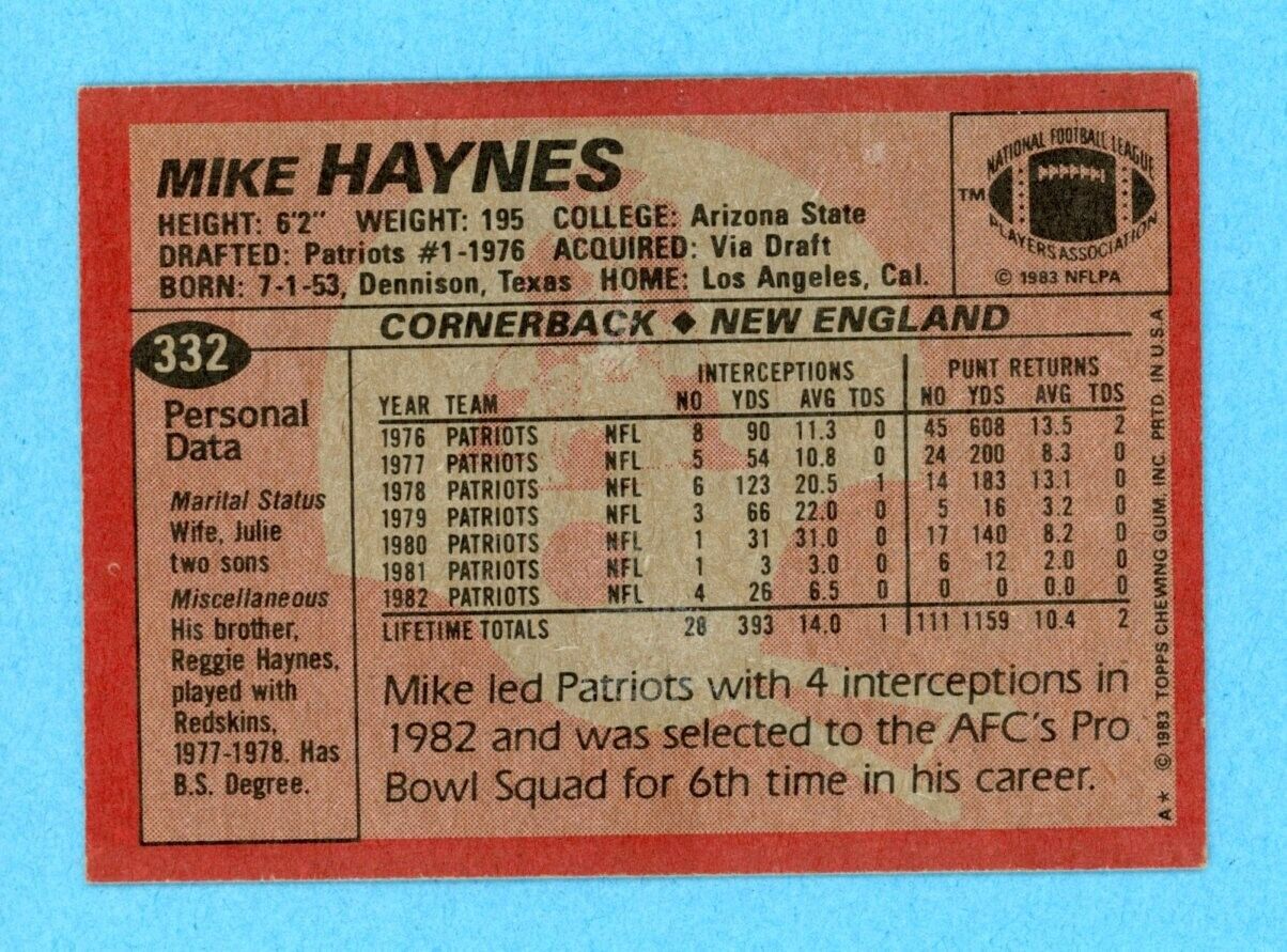 Mike Haynes New England Patriots 1983 Topps #332 Autographed Football Card