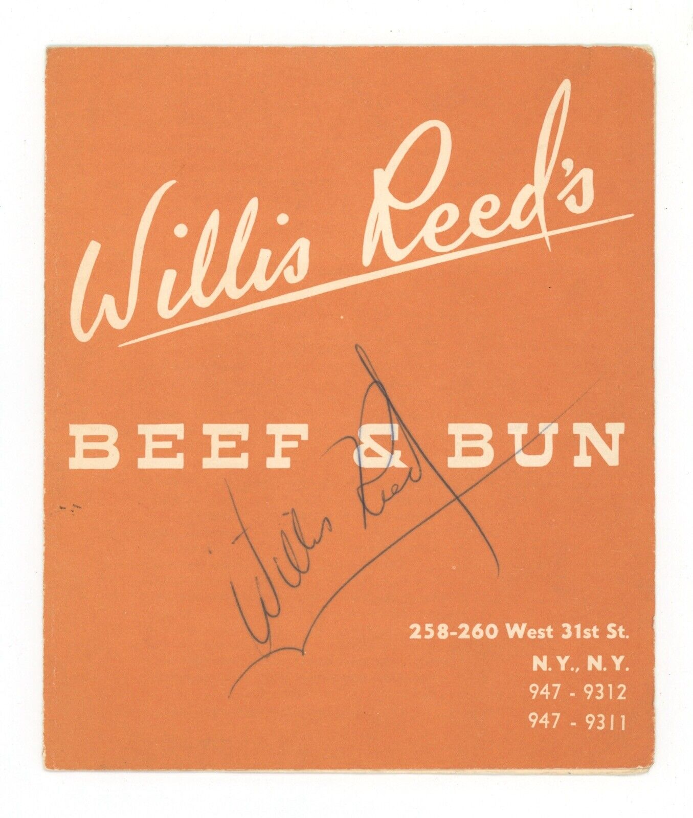 Willis Reed NY Knicks Signed • Willis Reed's Beef & Bun • Menu Auto w B&E Holo