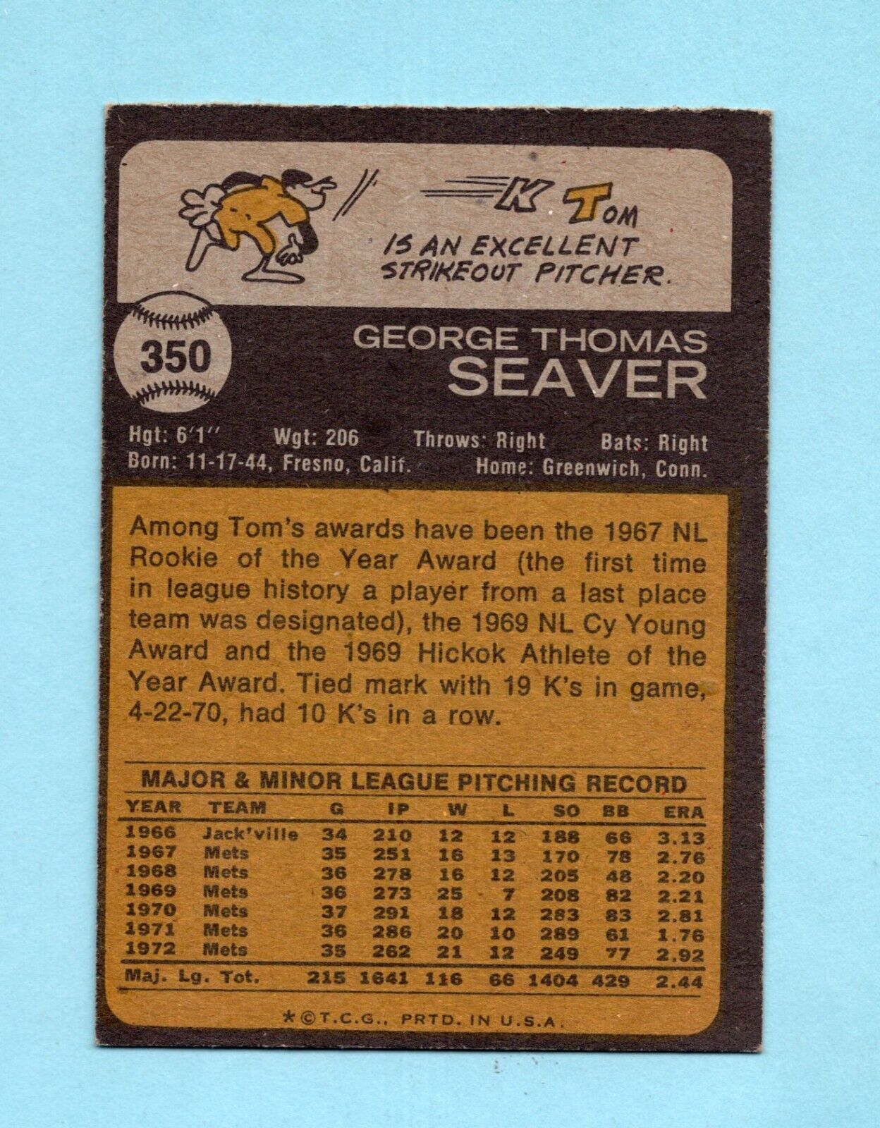 1973 Topps #350 Tom Seaver New York Mets Baseball Card Ex/Mt