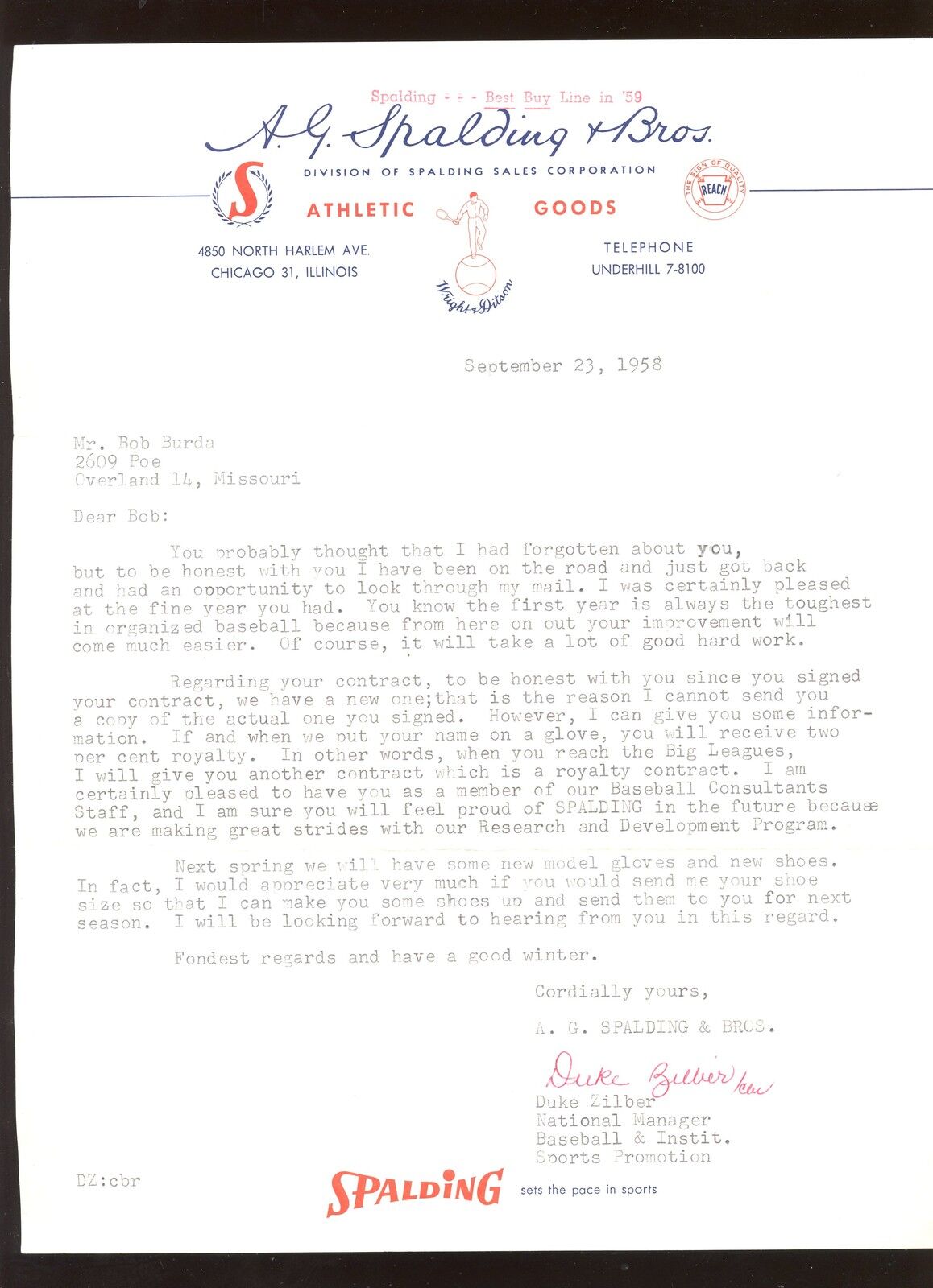 September 23rd 1958 Spalding Glove Contract Letter to Bob Burda