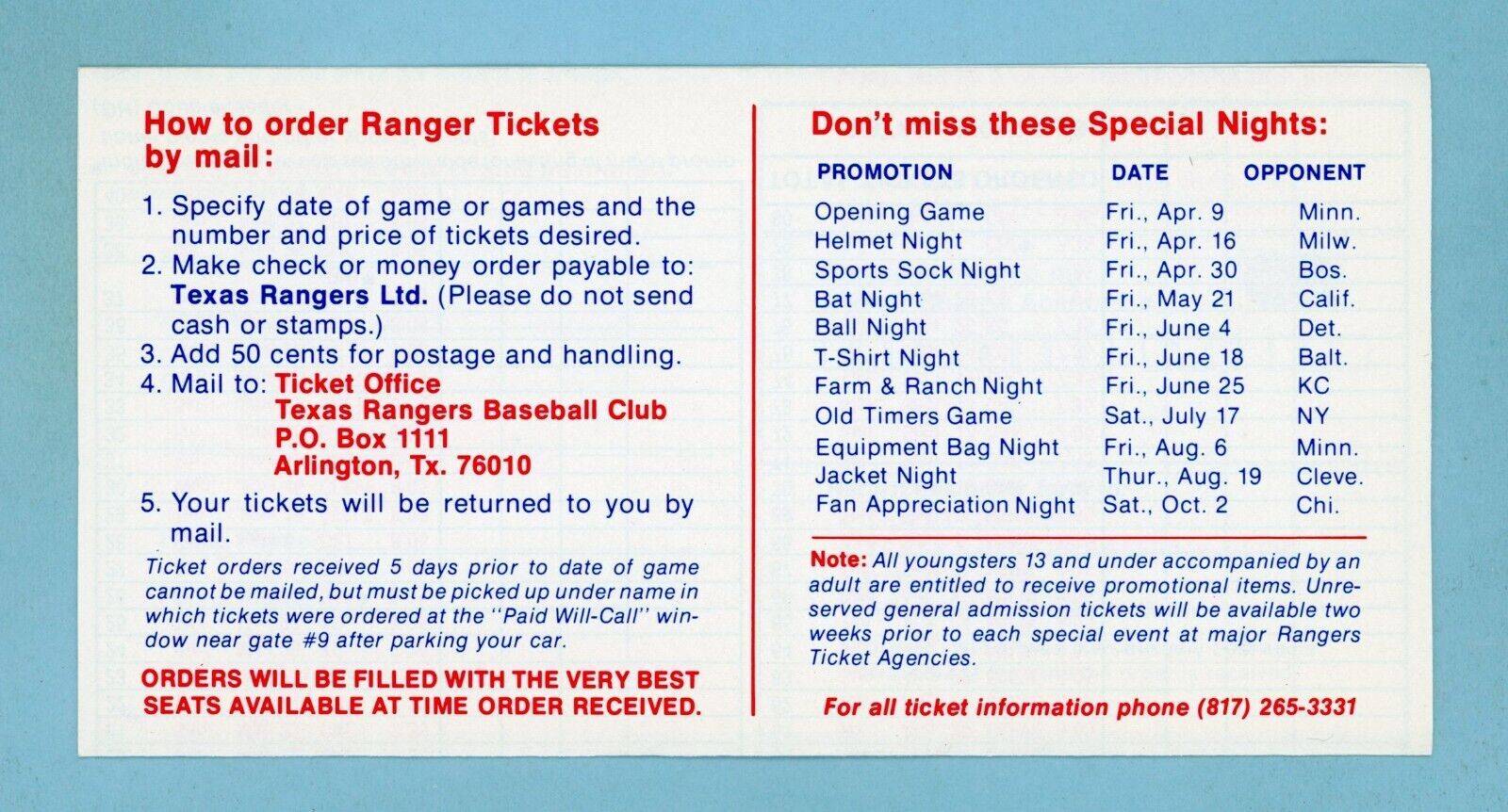 1976 Texas Rangers Home Schedule & Ticket Request Tri-Fold