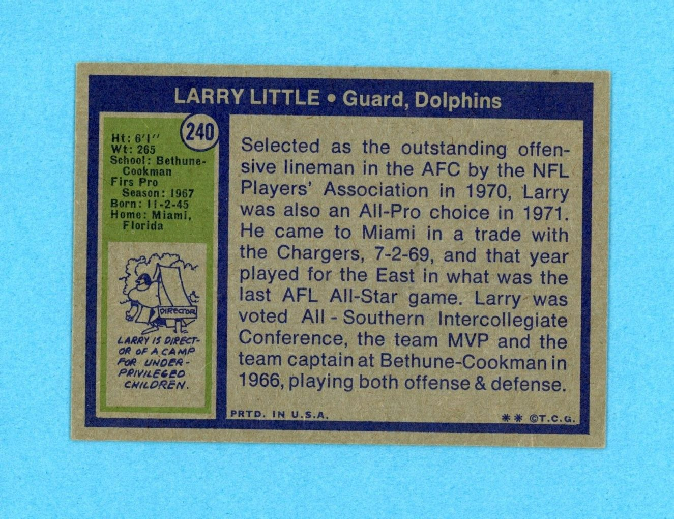 Larry Little Miami Dolphins Rookie 1972 Topps #240 Autographed Football Card