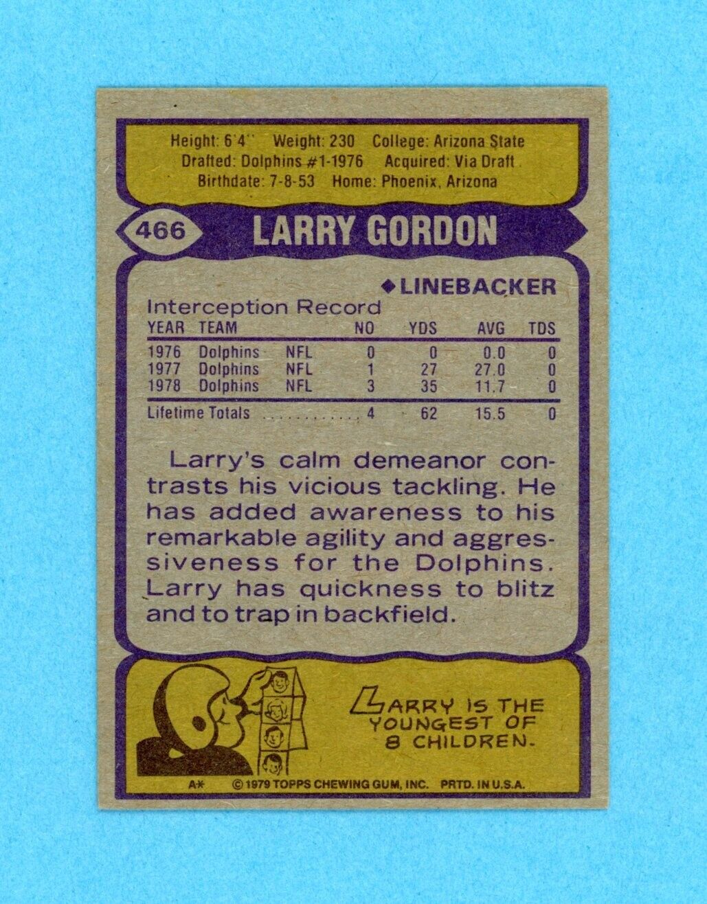 Larry Gordon Miami Dolphins 1979 Topps #466 Autographed Football Card