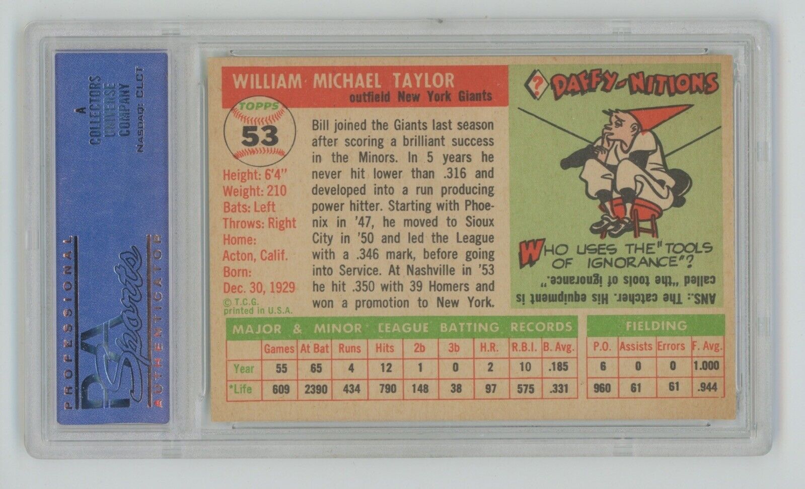 Bill Taylor 1955 Topps Card #53 PSA 7 NM