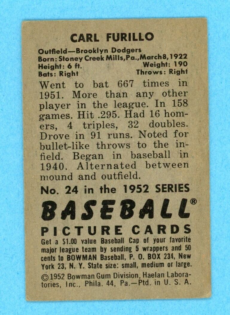 1952 Bowman #24 Carl Furillo Brooklyn Dodgers Baseball Card EX wrk