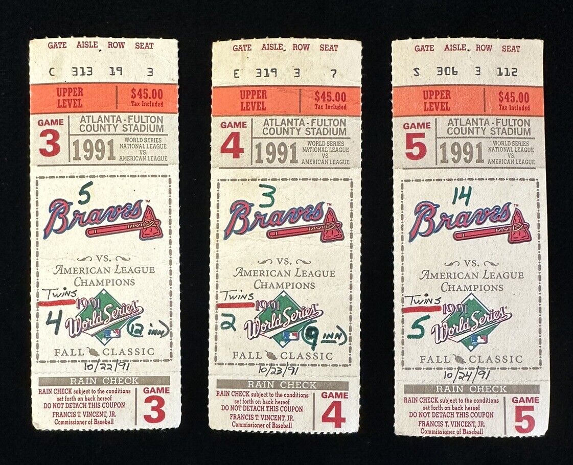 Lot of 3 Diff 1991 Atlanta Braves World Series Ticket Stubs Game 3,4,5 vs Twins