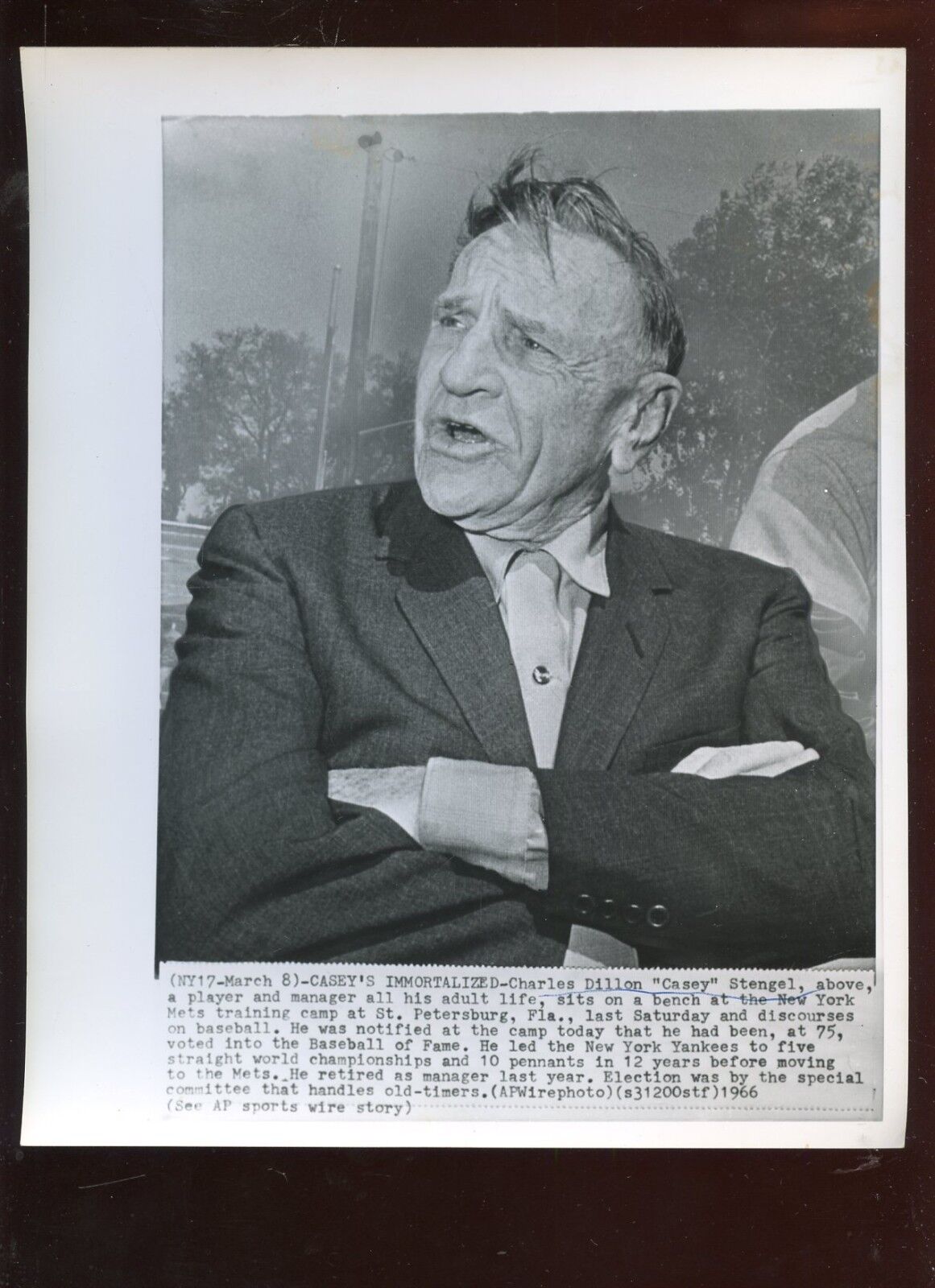 Original March 8 1966 Casey Stengel Elected Hal of Fame 8 X 10 Wire Photo