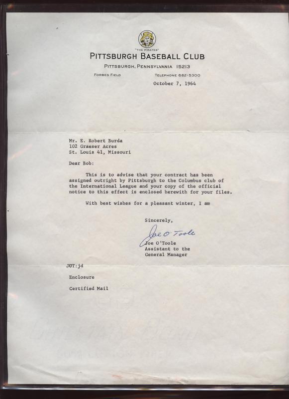 1964 Pittsburgh Pirates Assignment Letter Bob Burda