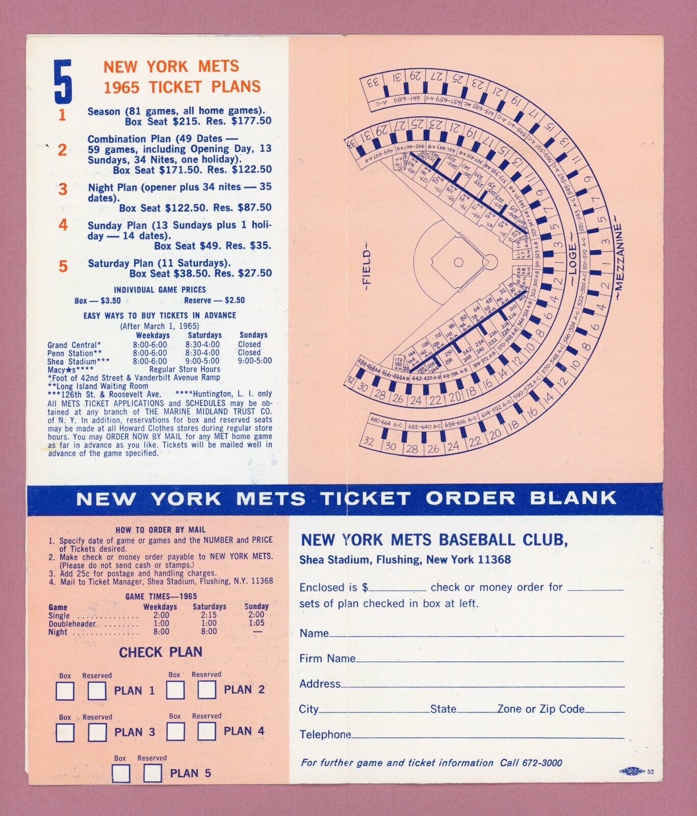 1965 New York Mets Spring Training Roster, New Faces & Ticket Infor Fold Out