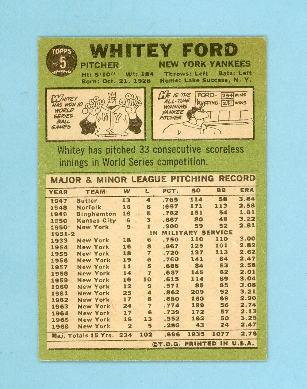 1967 Topps #5 Whitey Ford New York Yankees Baseball Card EX