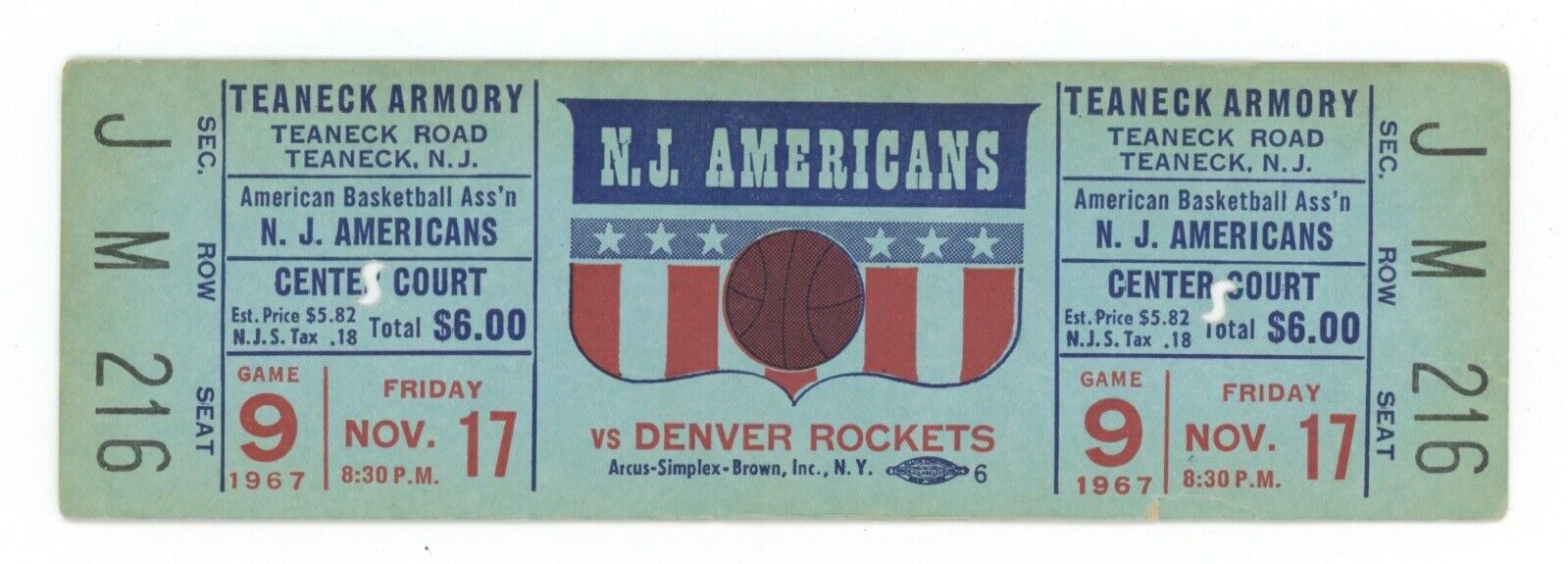 11/17/67 ABA N.J. Americans vs Denver Rockets • Full Ticket • Punched