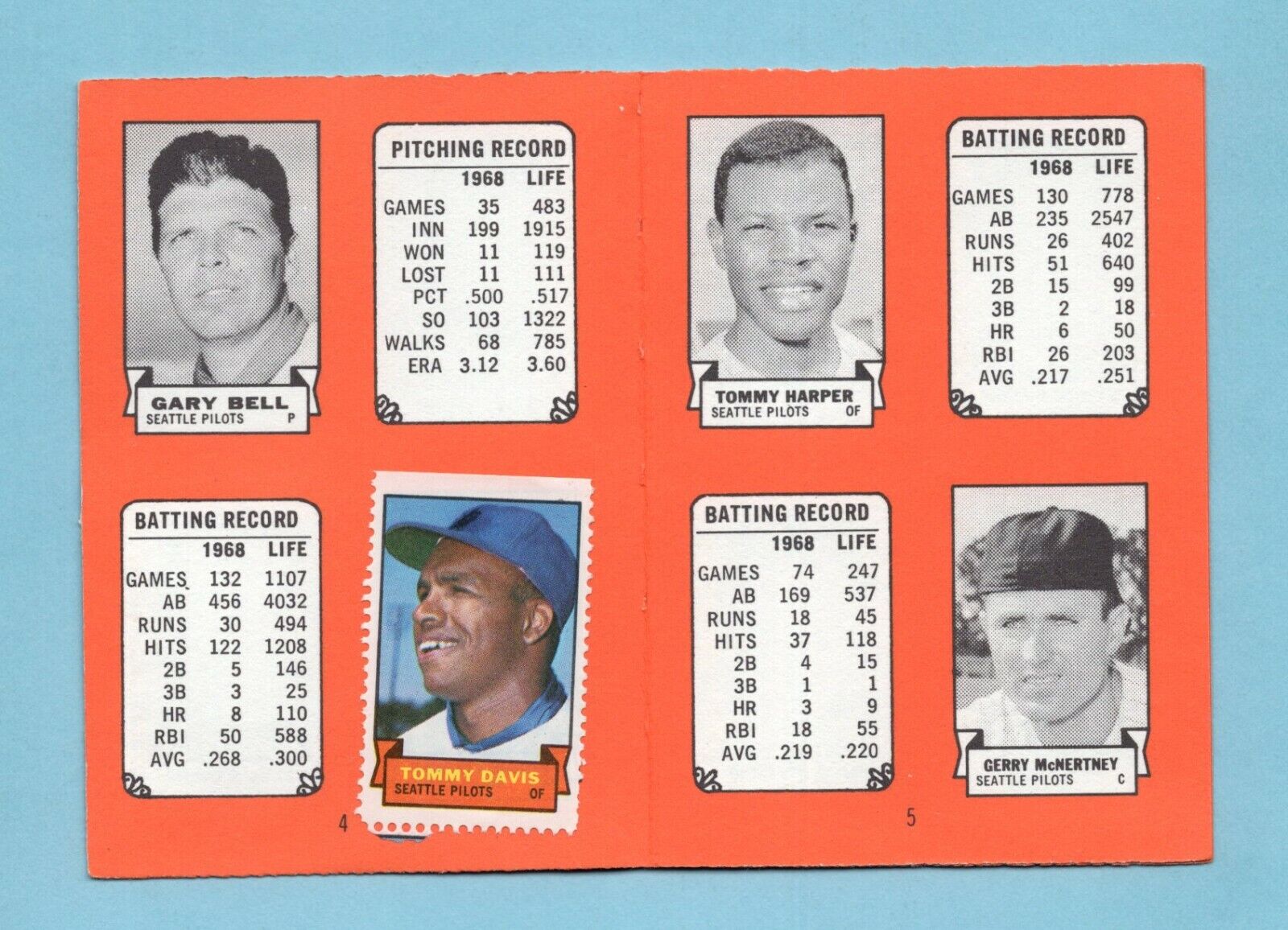 1969 Topps Stamp Album #16 Seattle Pilots with 3 Players Stamps attached inside