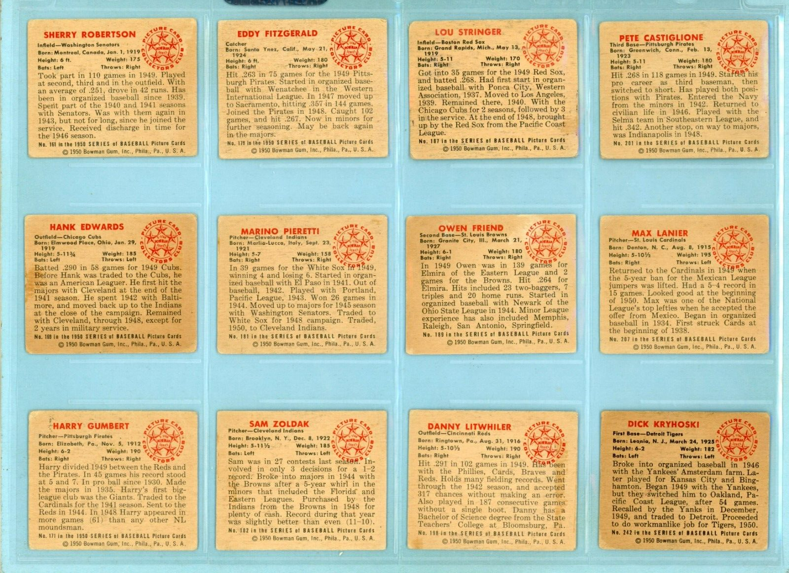 1950 Bowman Starter Set Lot of 12 Different Baseball Cards Vg/Ex