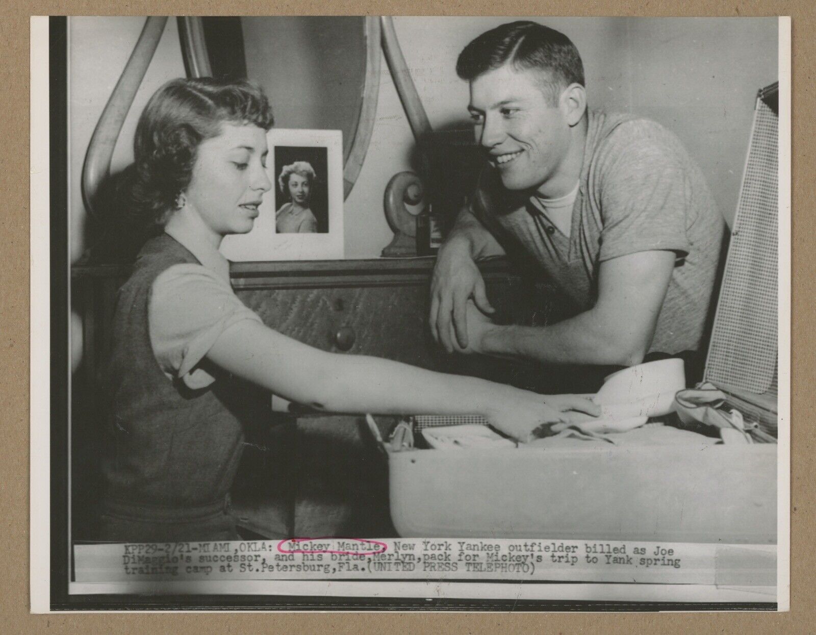 Original 1952 Mickey Mantle with Wife Merlyn UPI 7x8 Telephoto • Press Photo