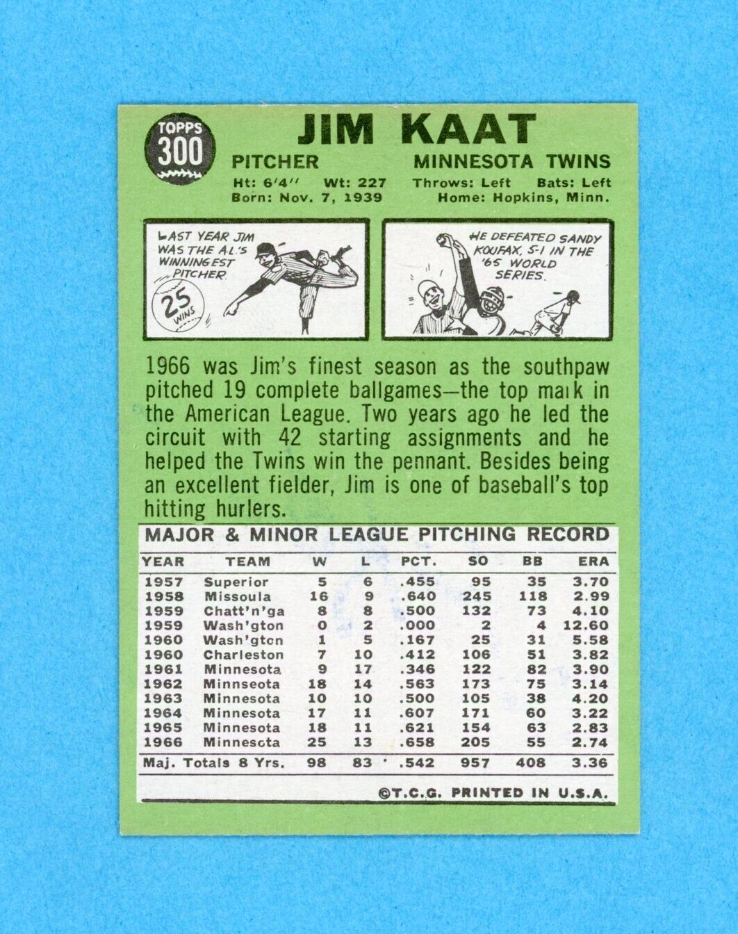 Jim Kaat Signed 1967 Topps Card #300 Auto with B&E Hologram