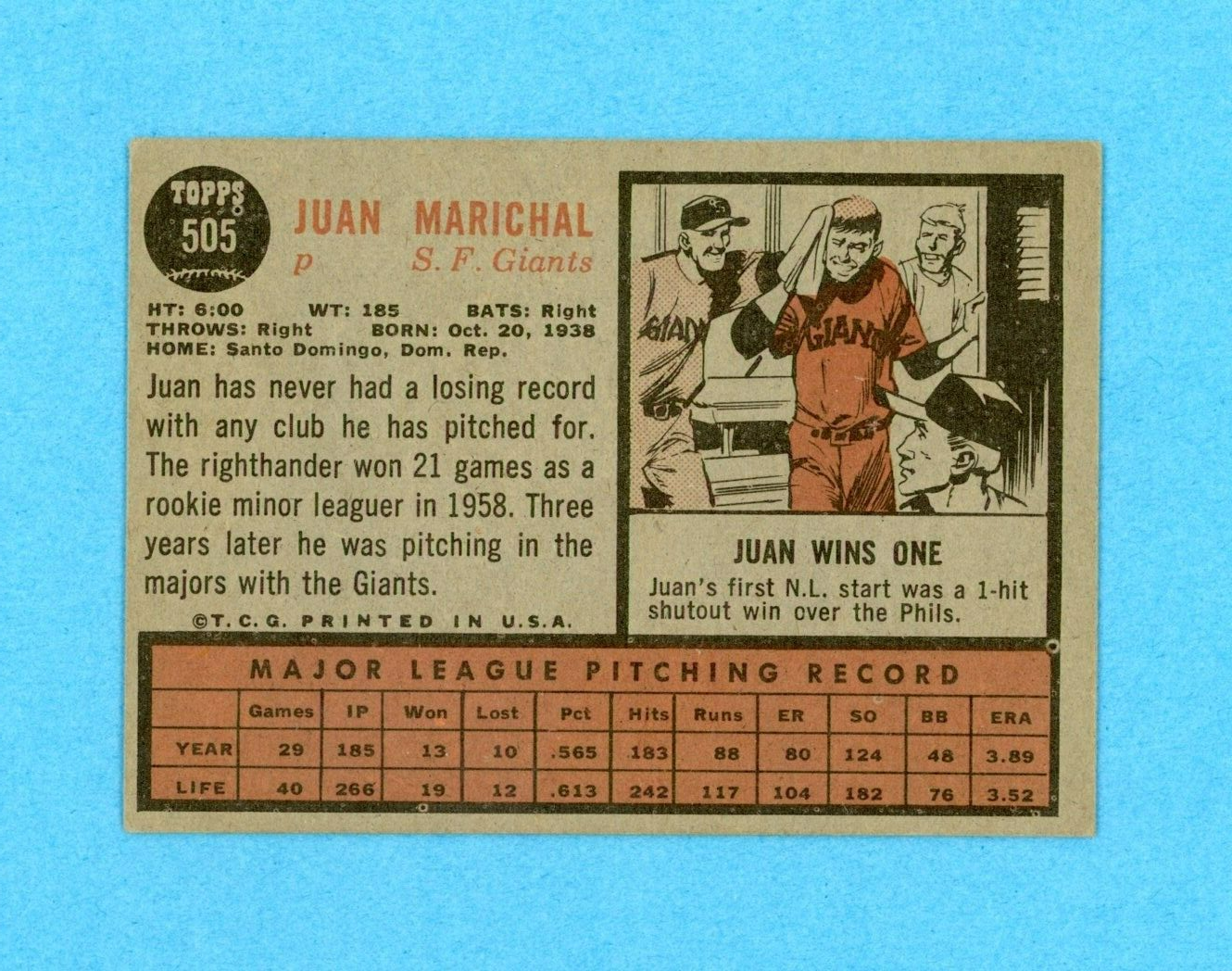 1962 Topps #505 Juan Marichal SF Giants Semi High Number Baseball Card EX o/c