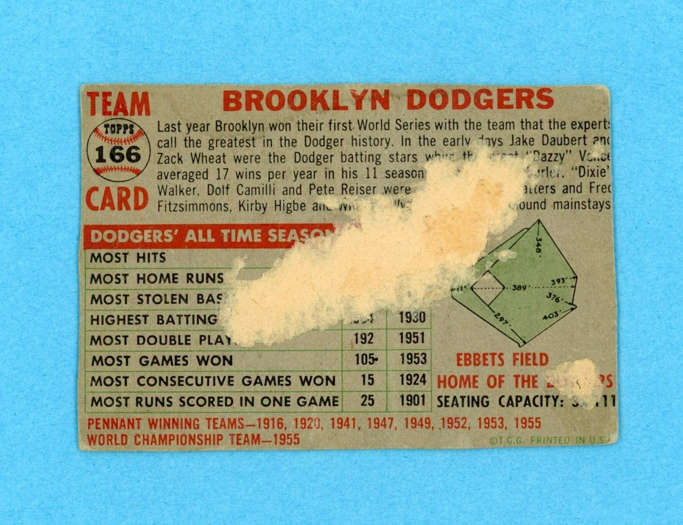 1956 Topps #166 Brooklyn Dodgers Team Baseball Card TRIMMED Jackie Robinson