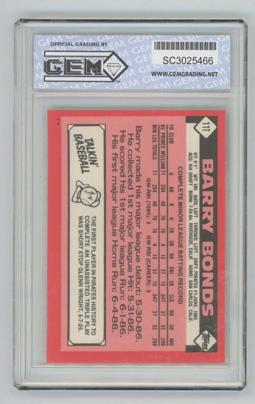 Barry Bonds 1986 Topps Traded #11T Rookie GEM 10 Gem-Mint