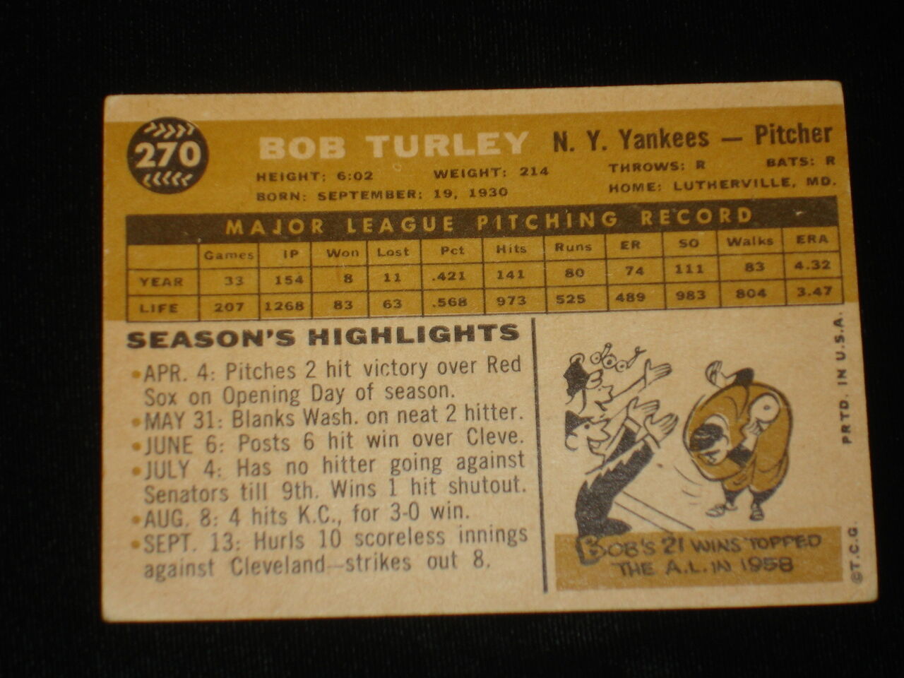 1960 Topps Bob Turley NY Yankees Signed Baseball Card - Card #270 - EX