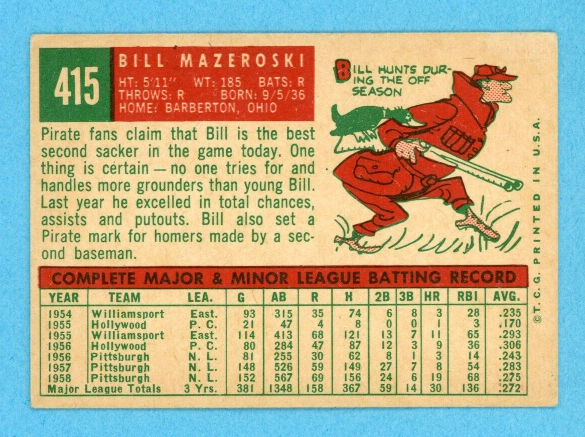 1959 Topps #415 Bill Mazeroski Pittsburgh Pirates Baseball Card EX