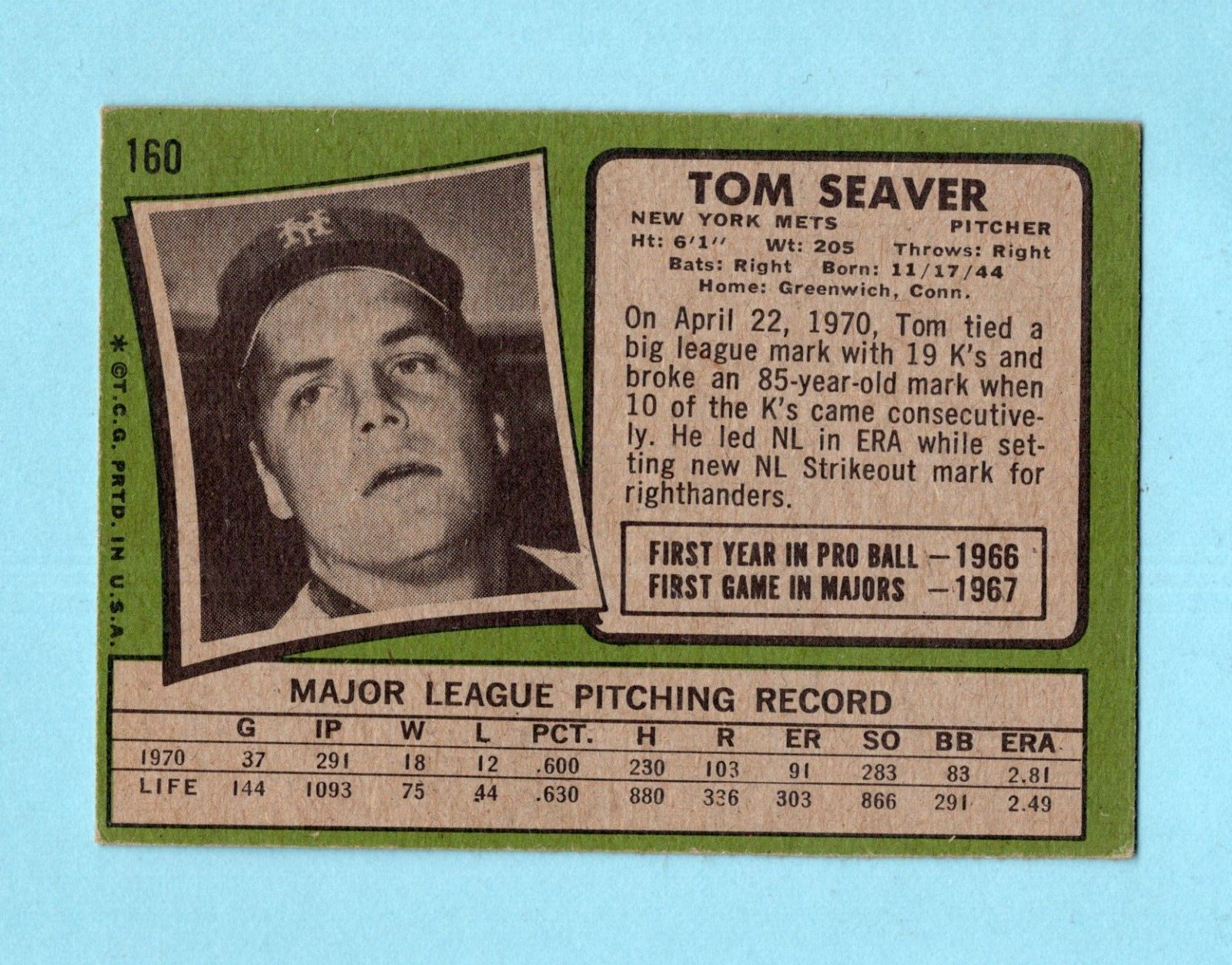 1971 Topps #160 Tom Seaver New York Mets Baseball Card Vg/Ex