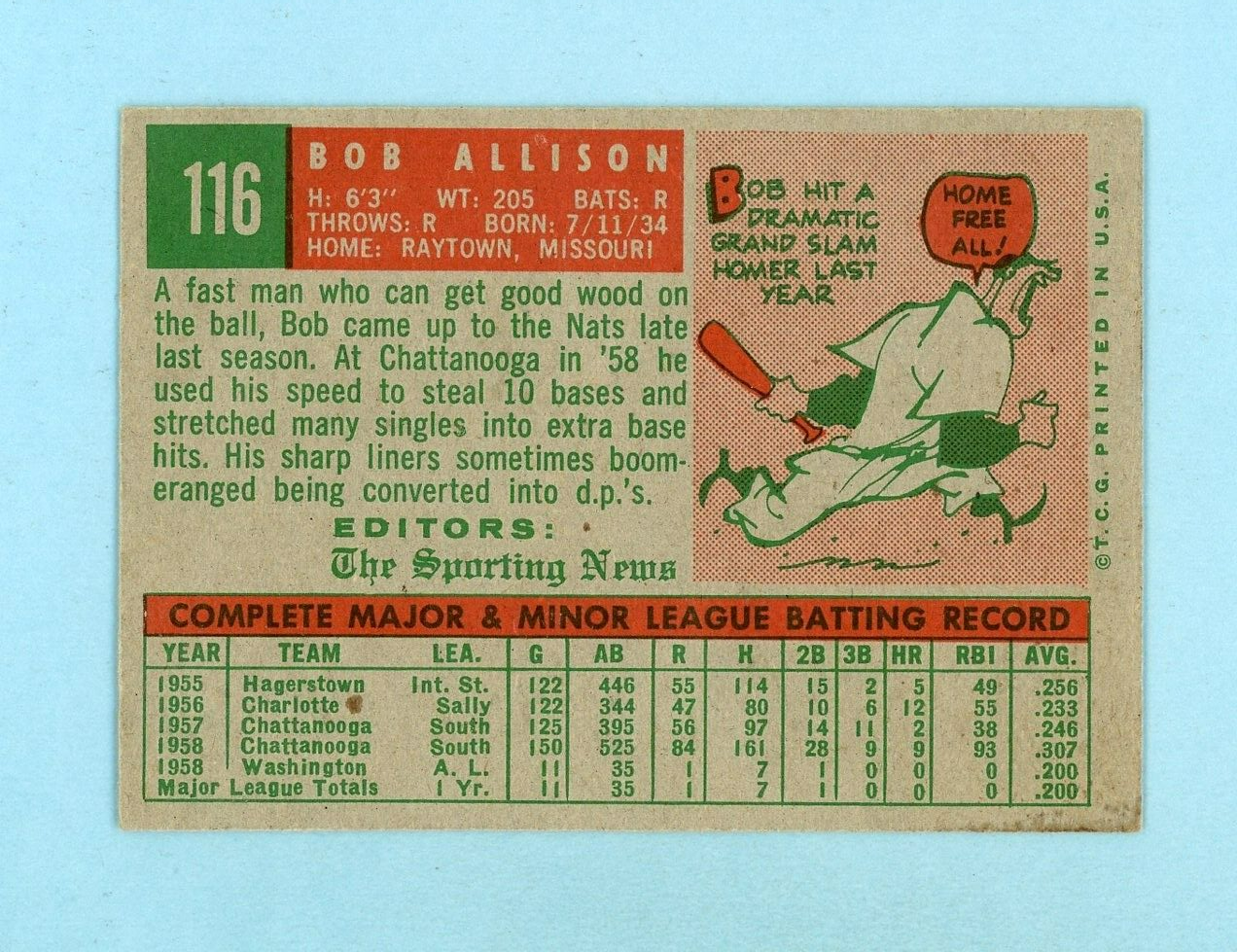 1959 Topps #116 Bob Allison Washington Senators Rookie Baseball Card EX+