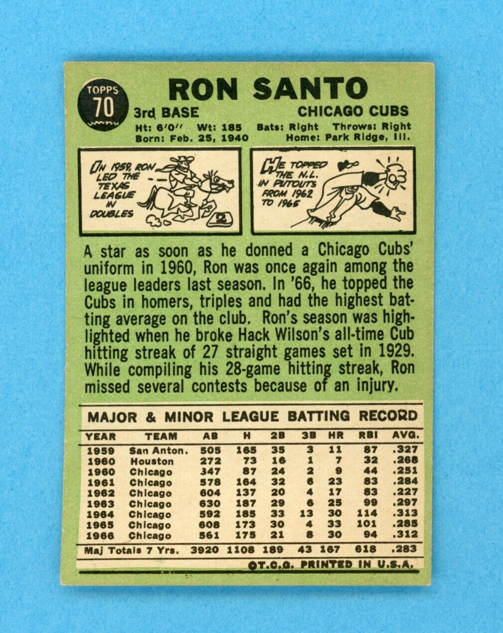 1967 Topps #70 Ron Santo Chicago Cubs Baseball Card Ex/Mt