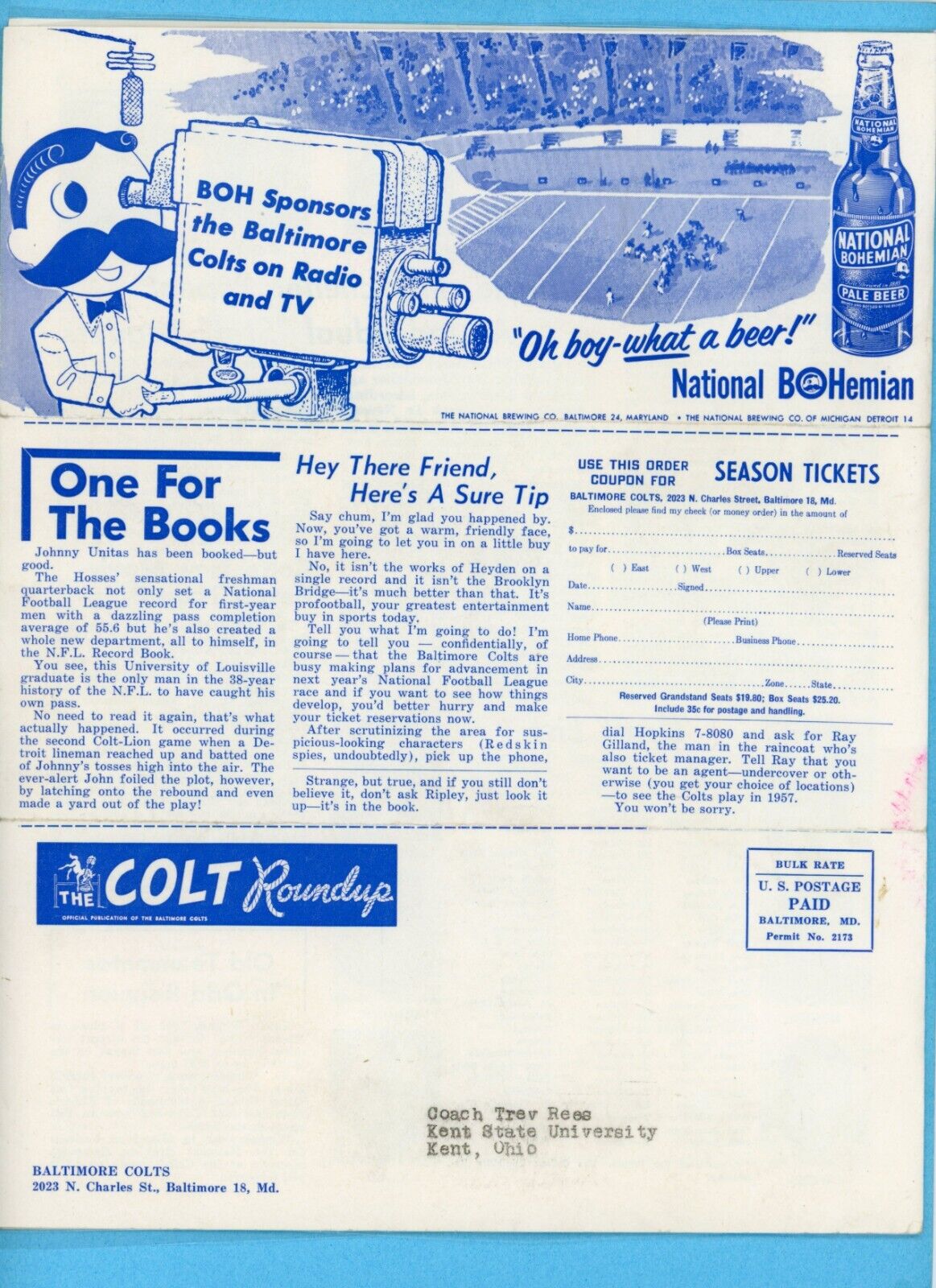 Winter, 1957 Vol. 2 No. 3 The Colt Roundup Baltimore Colts Newsletter laminated