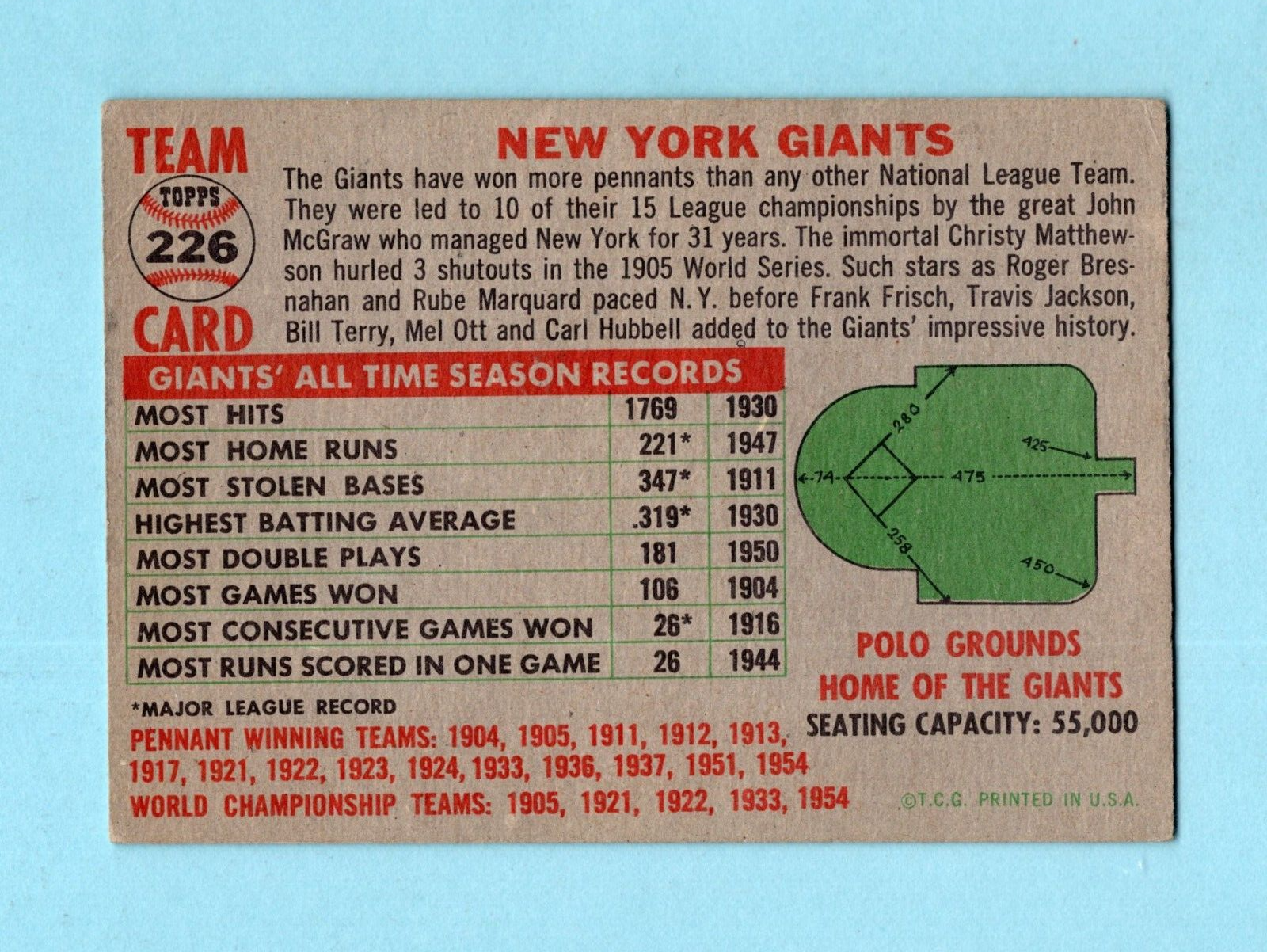 1956 Topps #226 New York Giants Team Baseball Card EX app vl wrk/cres trc