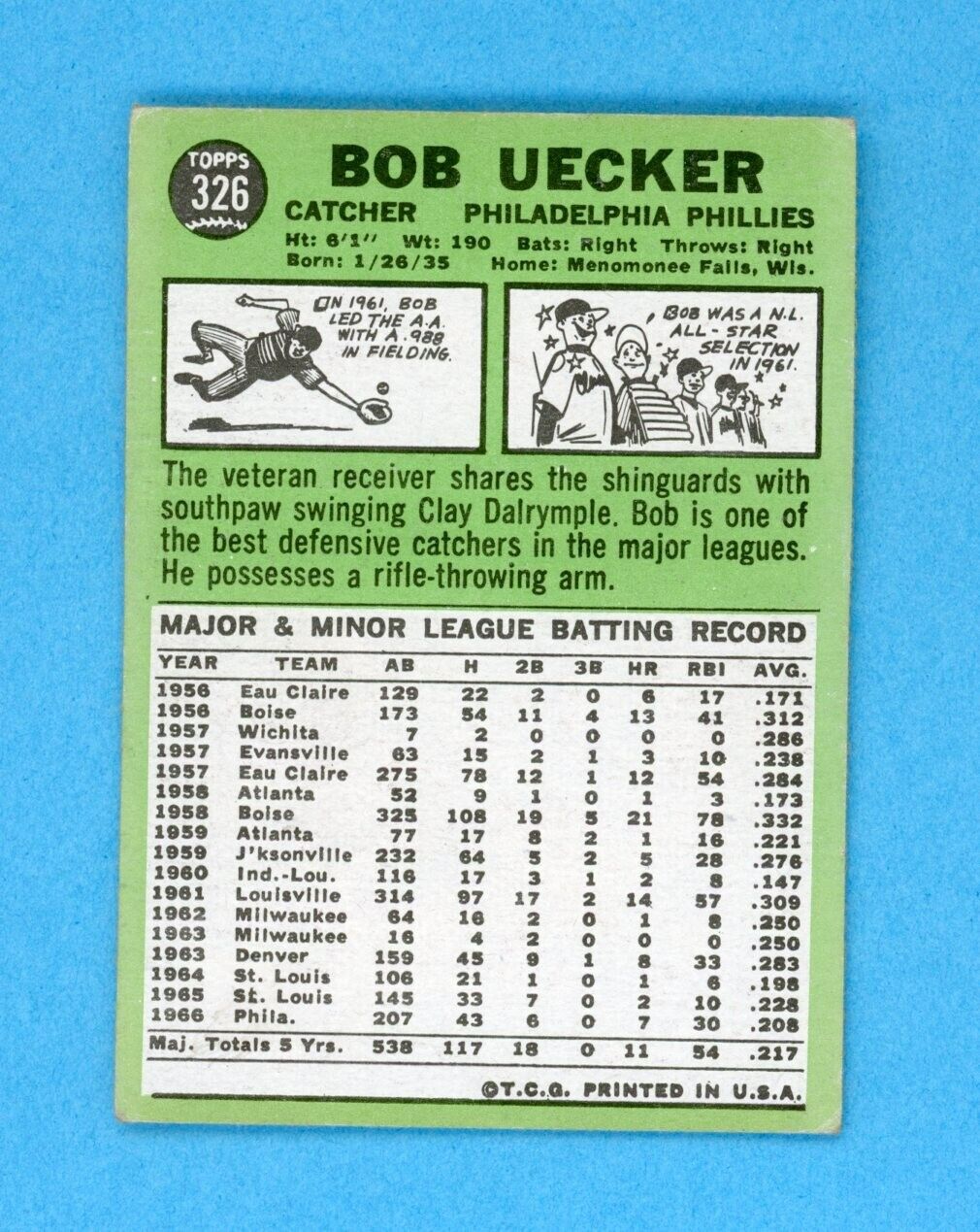 1967 Topps #326 Bob Uecker Philadelphia Phillies Baseball Card EX