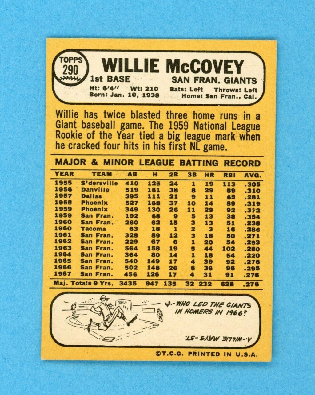 1968 Topps #290 Willie McCovey San Francisco Giants Baseball Card EX - EX+