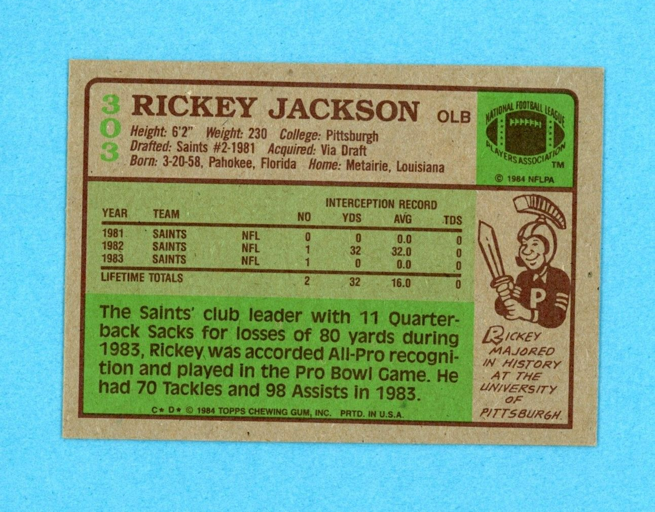 Rickey Jackson New Orlean Saint Rookie 1984 Topps #303 Autographed Football Card